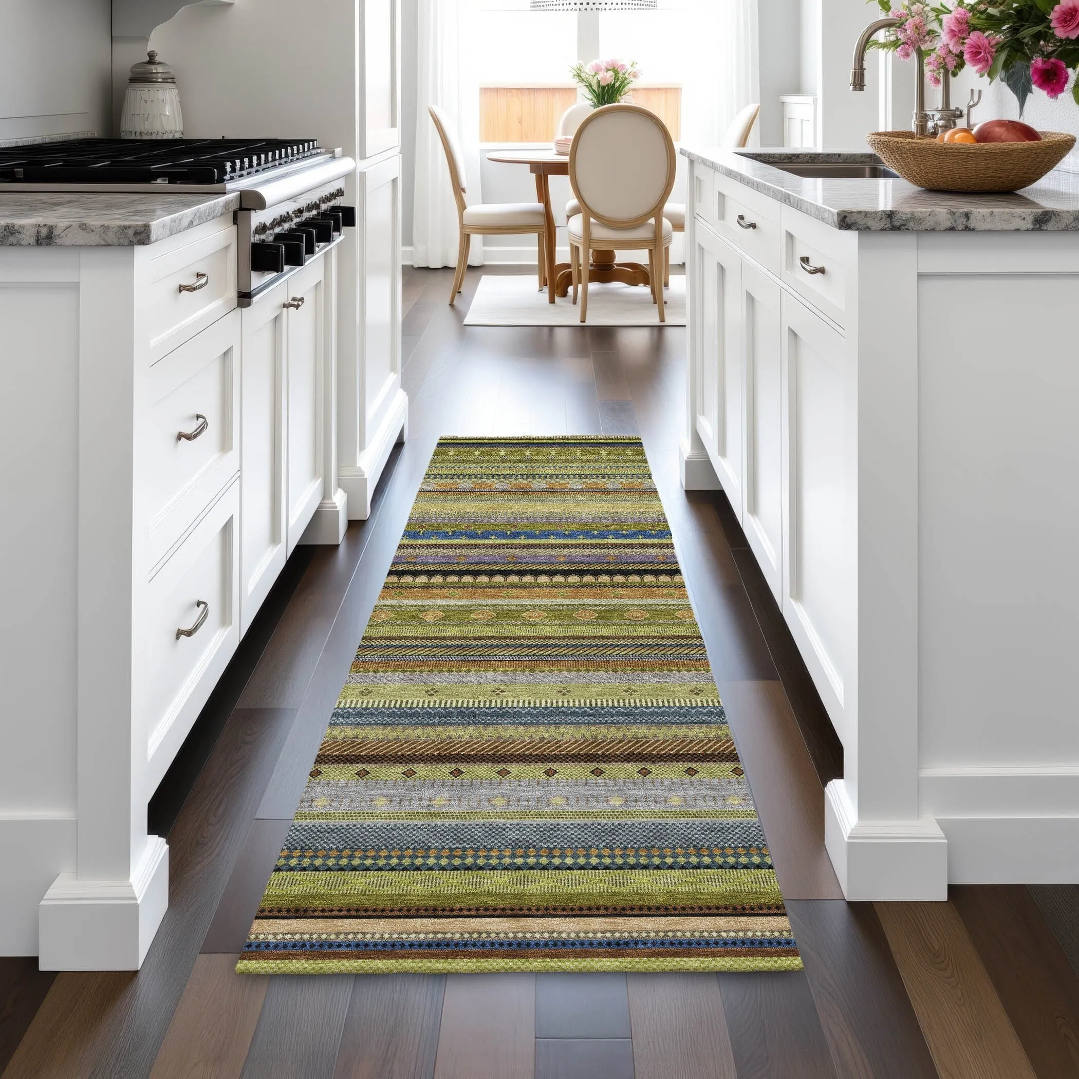 Machine Washable Indoor/Outdoor Boho Stripes Chantille Rug