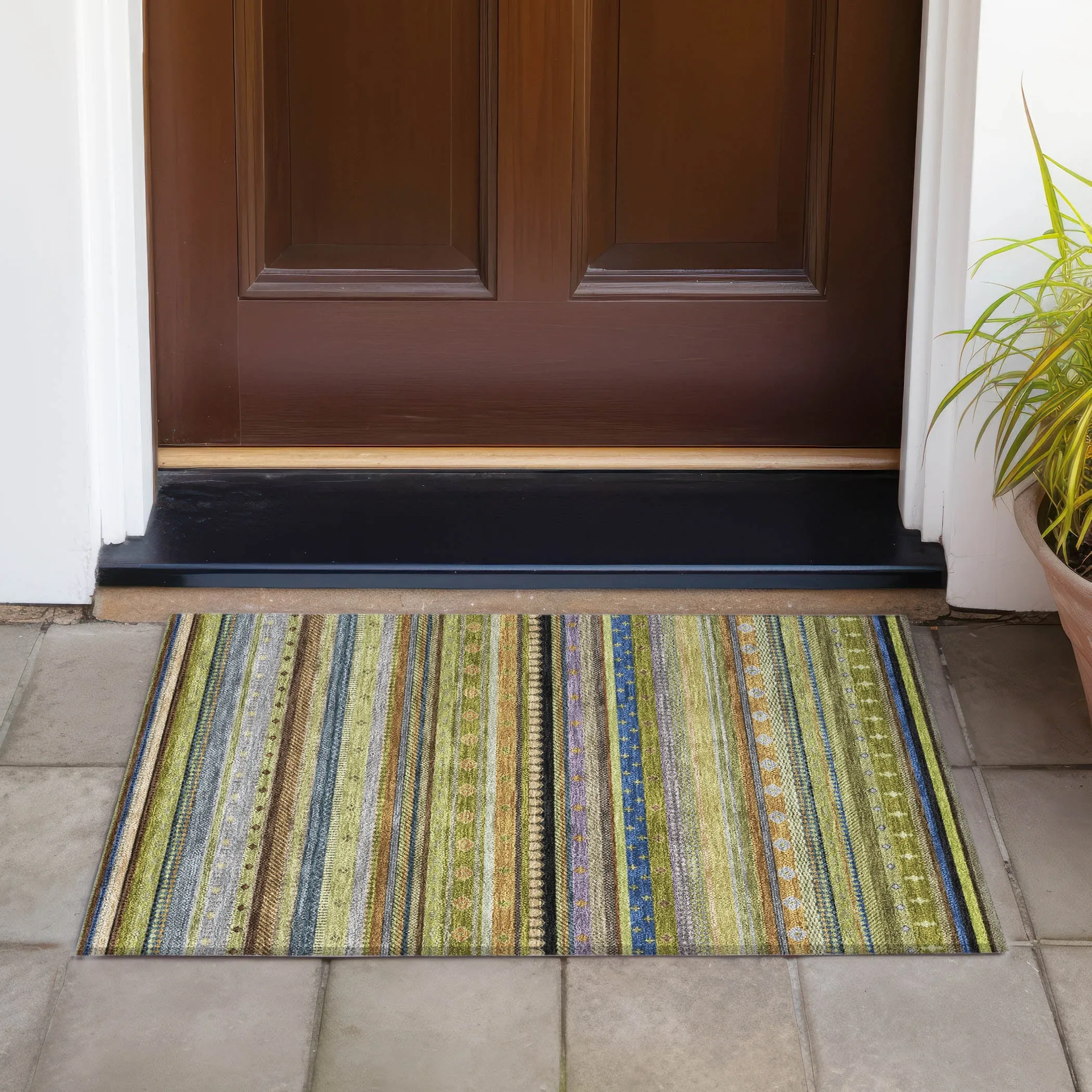 Machine Washable Indoor/Outdoor Boho Stripes Chantille Rug