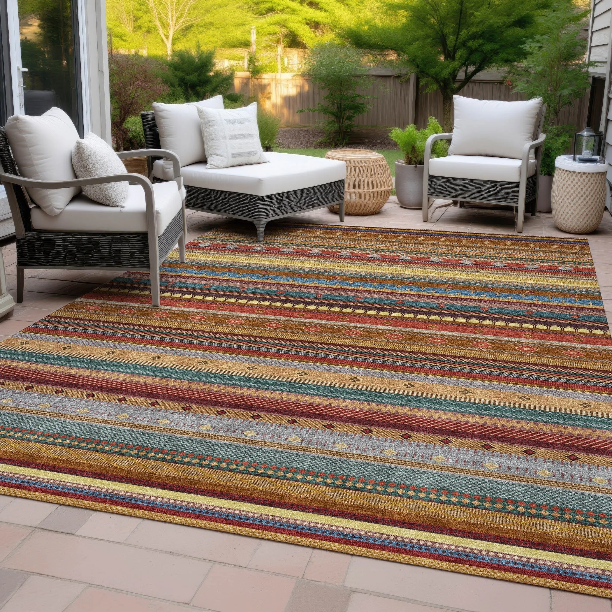 Machine Washable Indoor/Outdoor Boho Stripes Chantille Rug