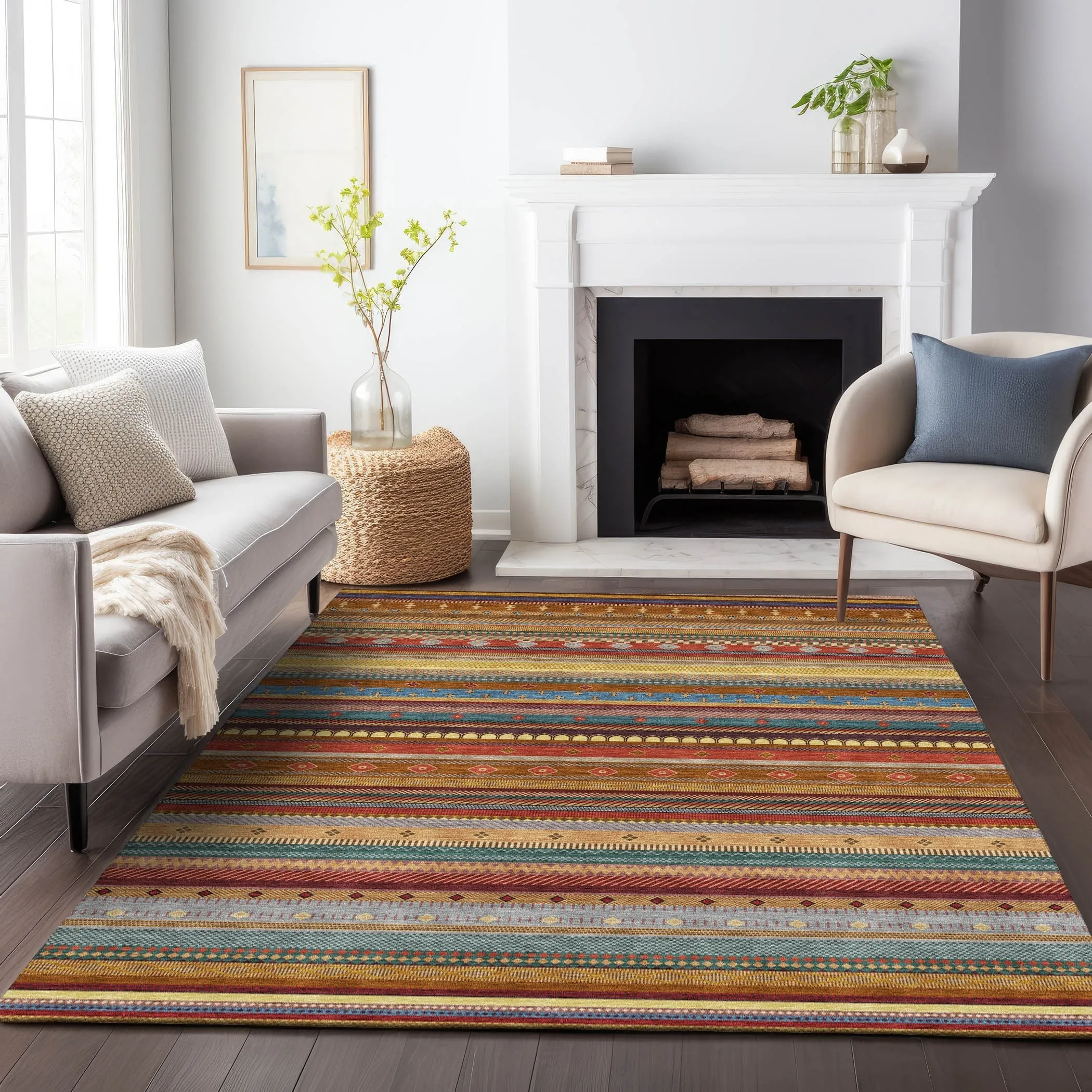 Machine Washable Indoor/Outdoor Boho Stripes Chantille Rug