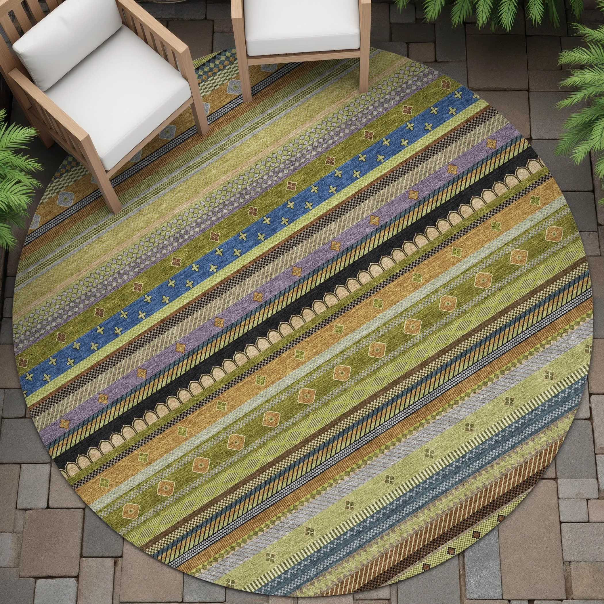 Machine Washable Indoor/Outdoor Boho Stripes Chantille Rug