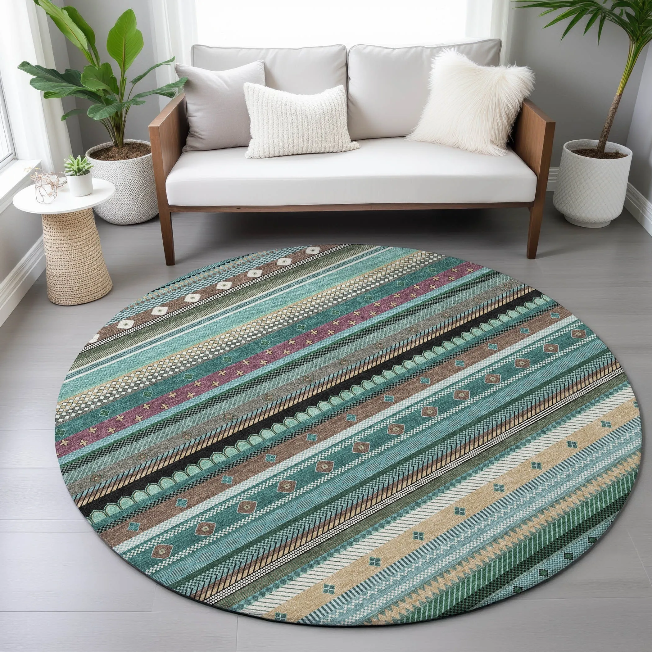 Machine Washable Indoor/Outdoor Boho Stripes Chantille Rug