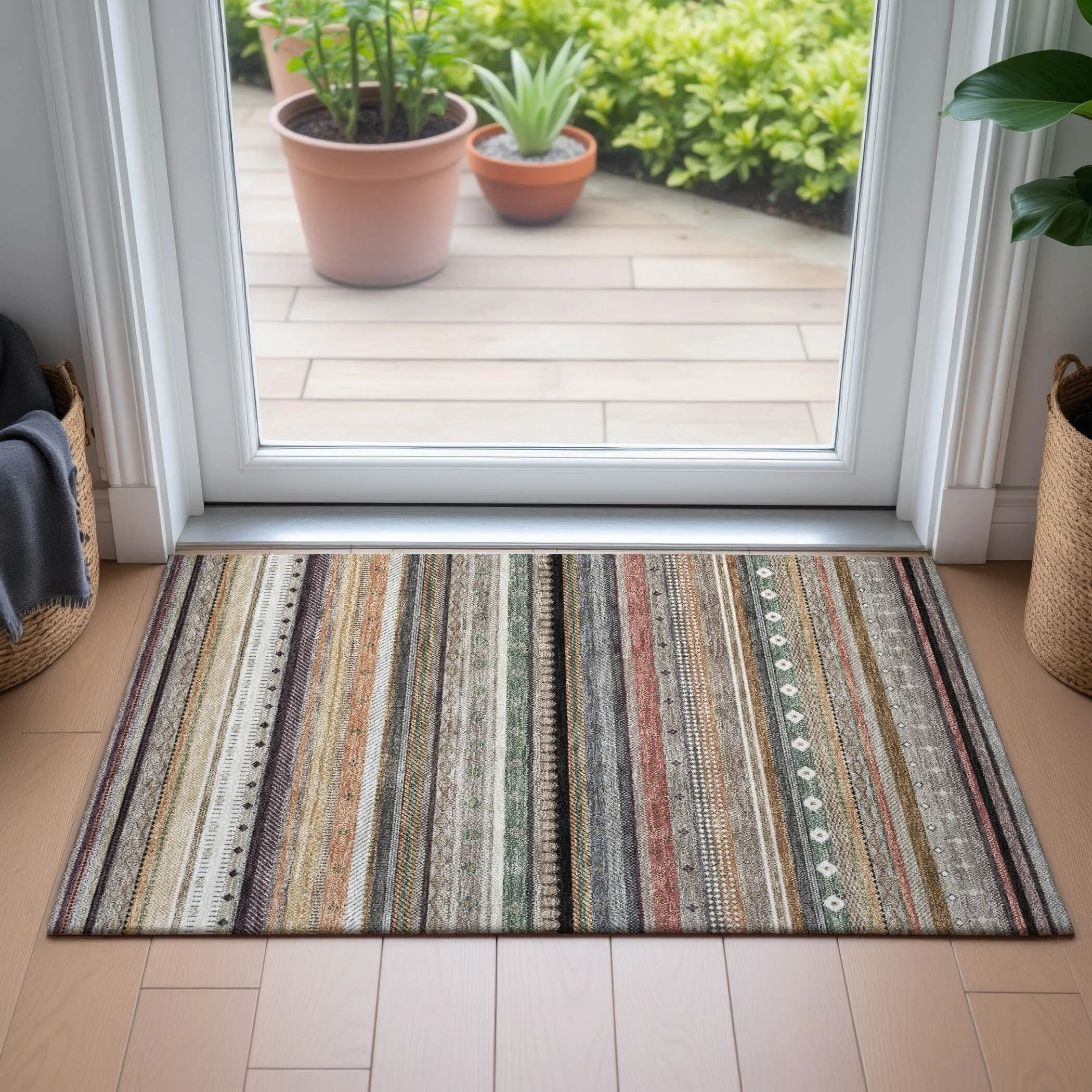 Machine Washable Indoor/Outdoor Boho Stripes Chantille Rug
