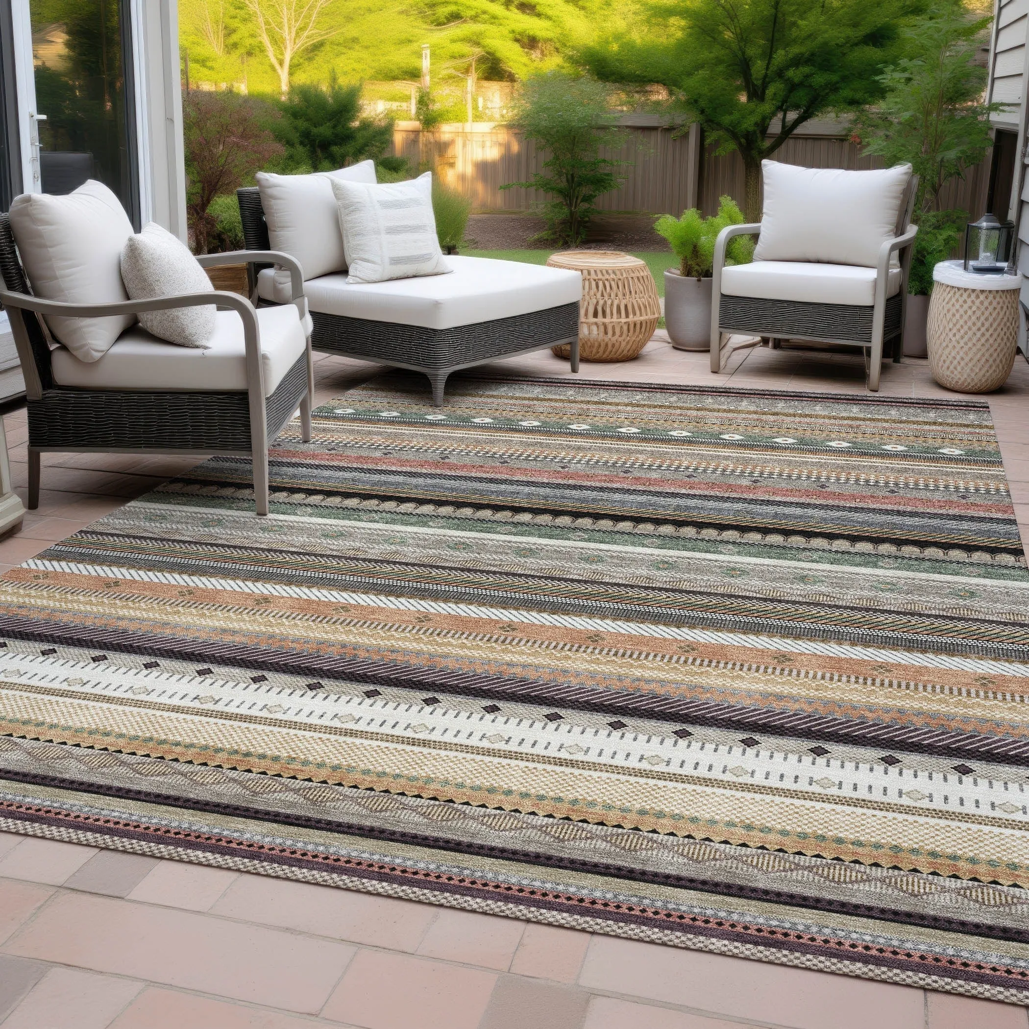 Machine Washable Indoor/Outdoor Boho Stripes Chantille Rug