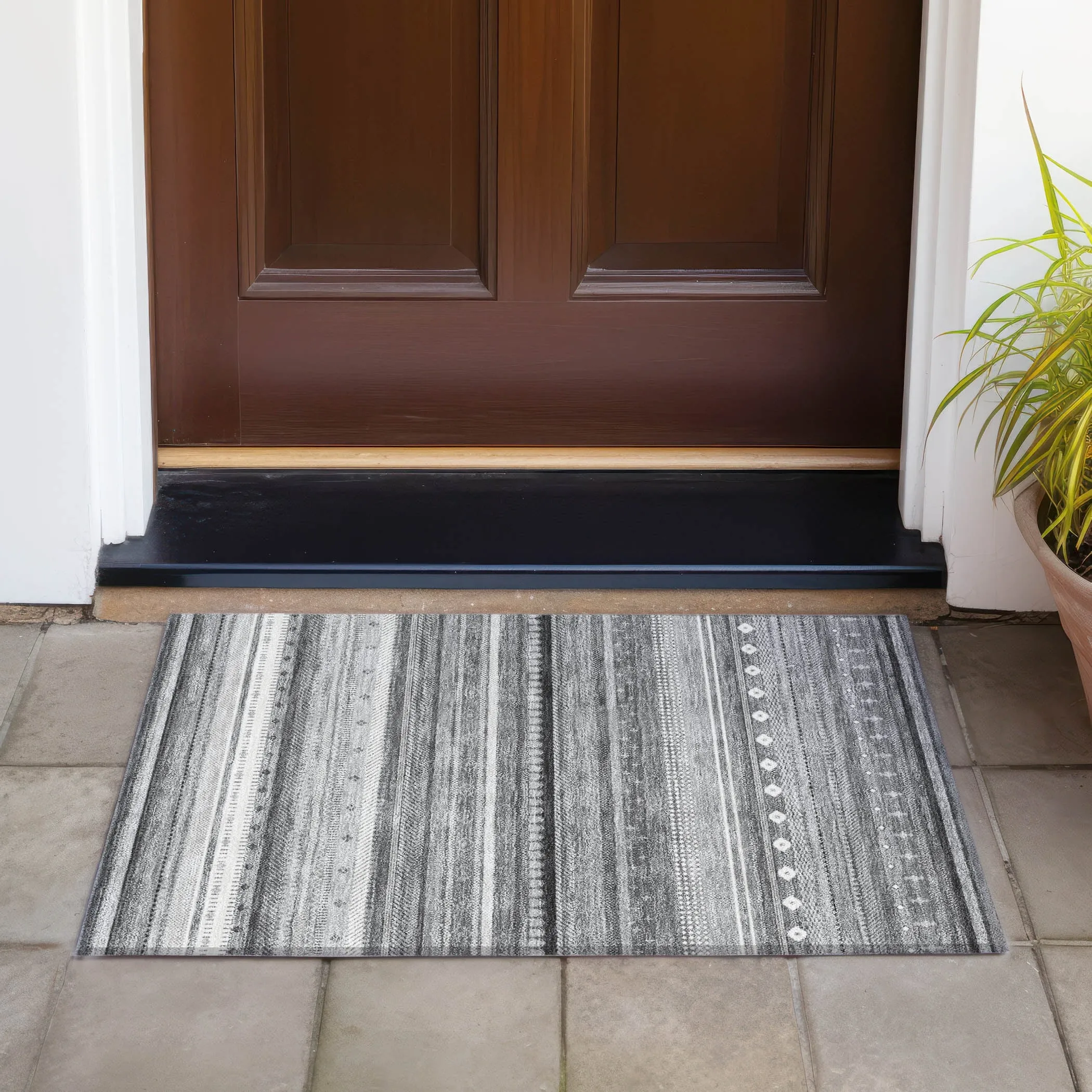Machine Washable Indoor/Outdoor Boho Stripes Chantille Rug
