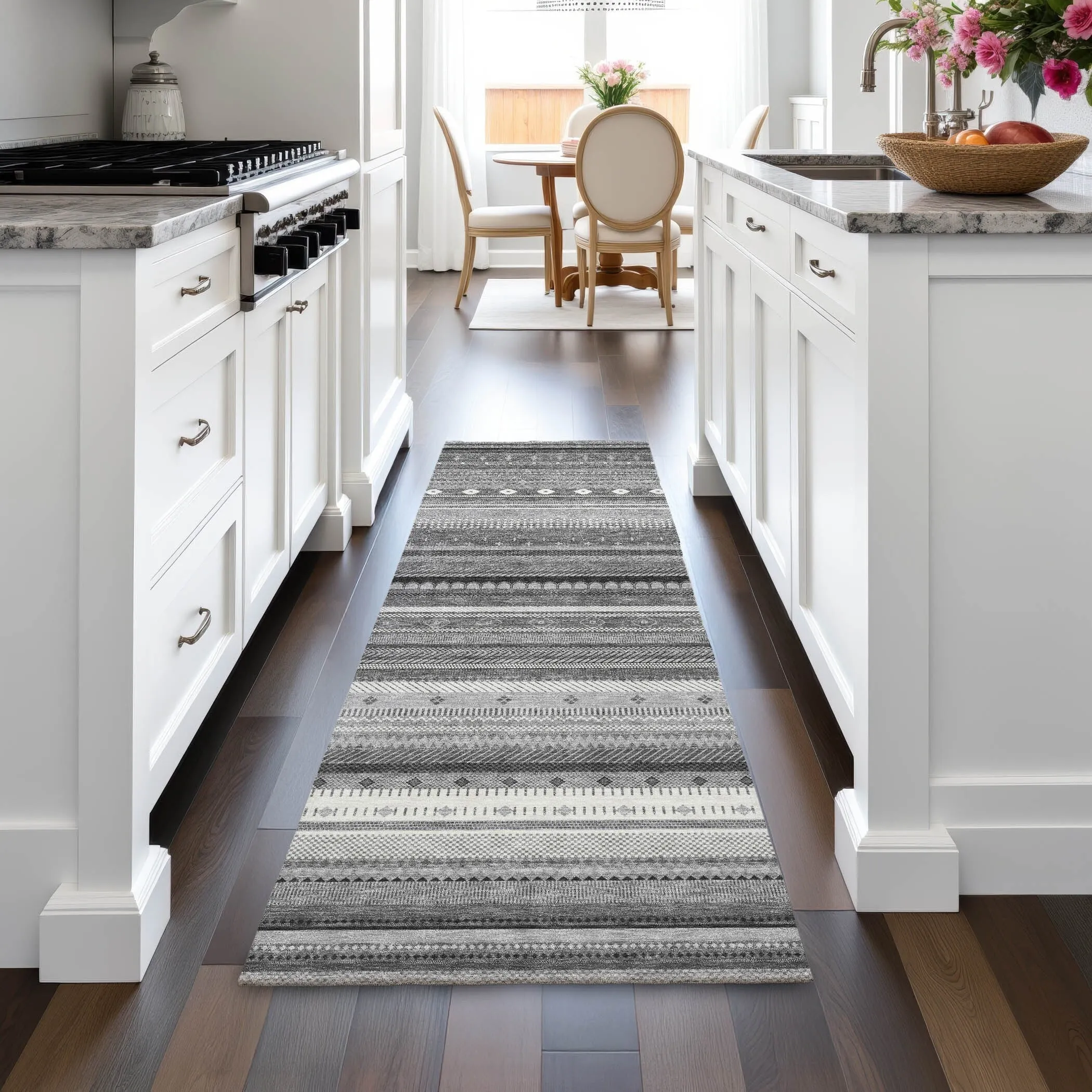 Machine Washable Indoor/Outdoor Boho Stripes Chantille Rug