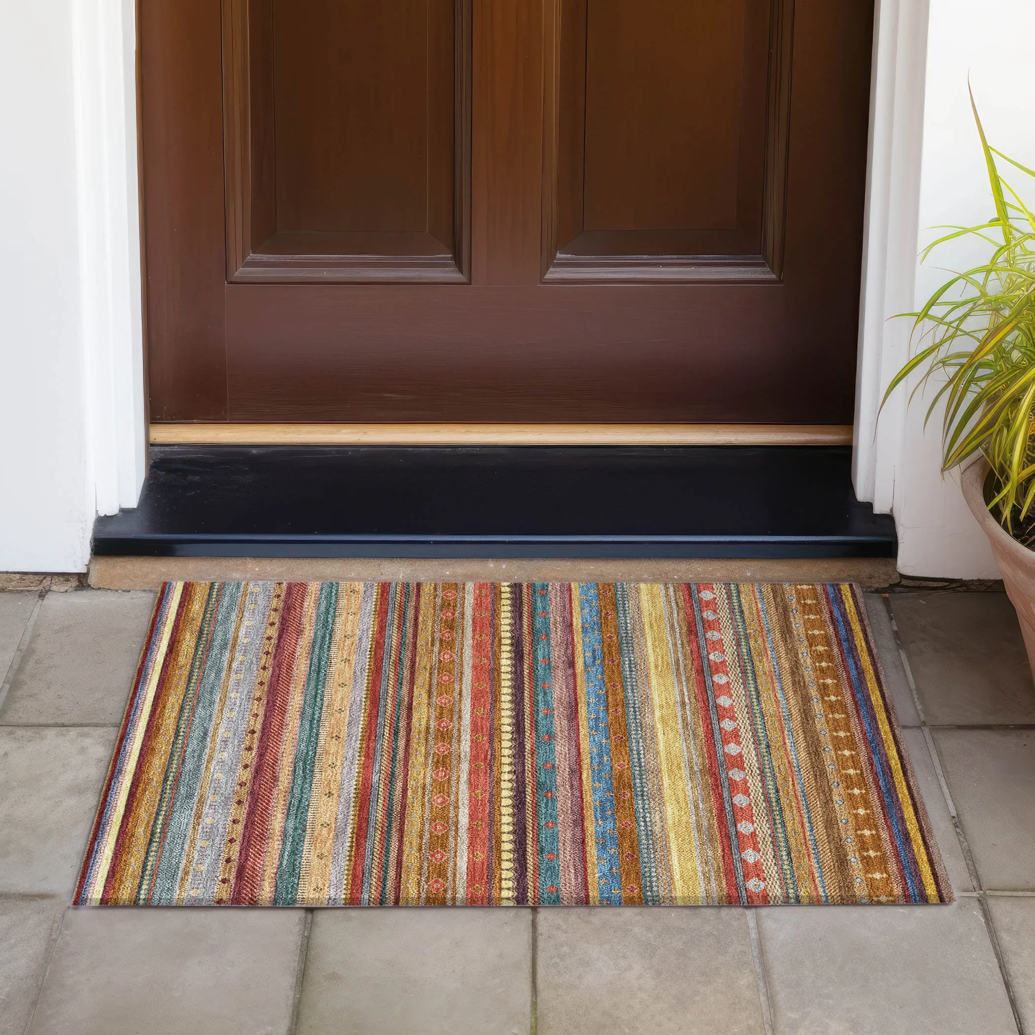 Machine Washable Indoor/Outdoor Boho Stripes Chantille Rug