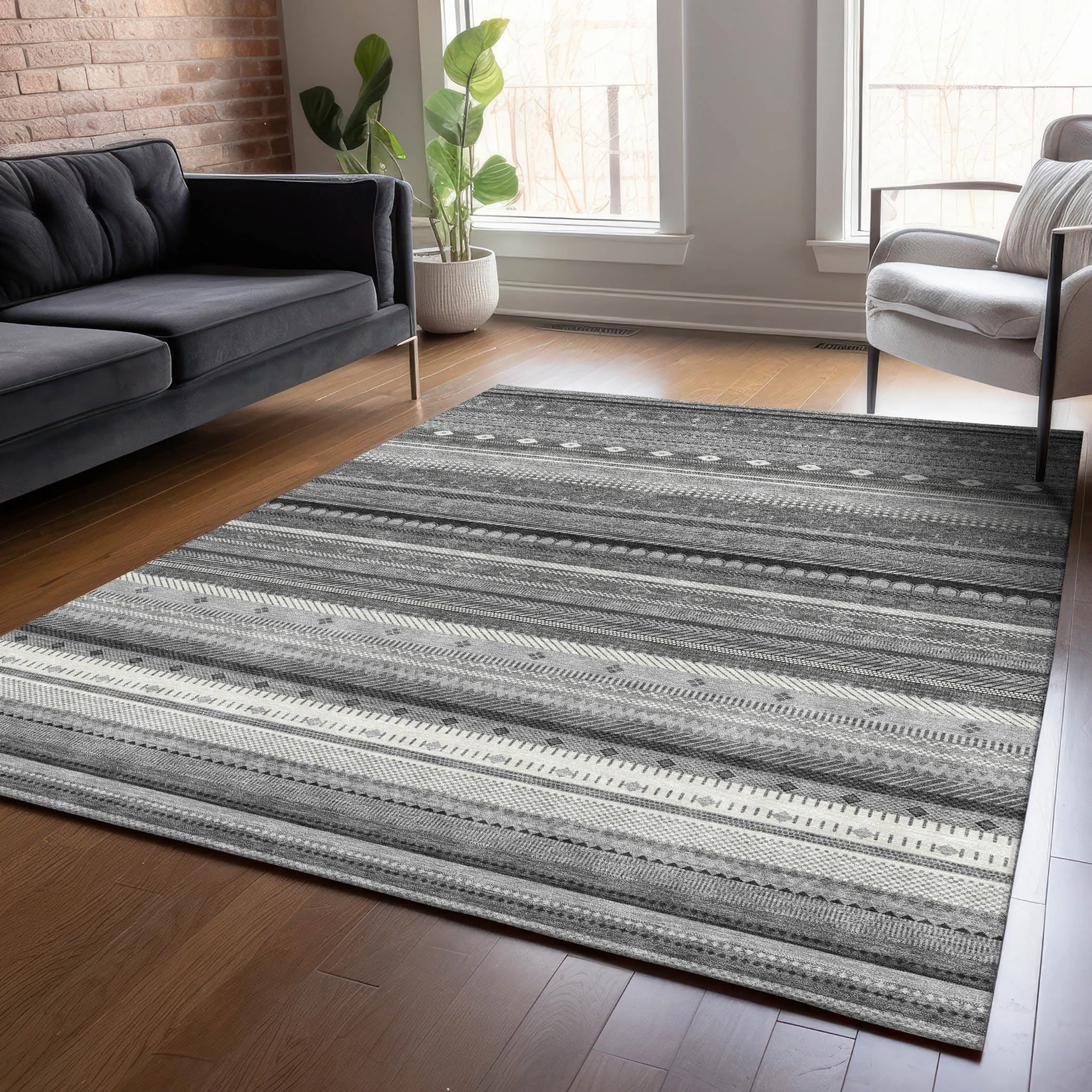 Machine Washable Indoor/Outdoor Boho Stripes Chantille Rug