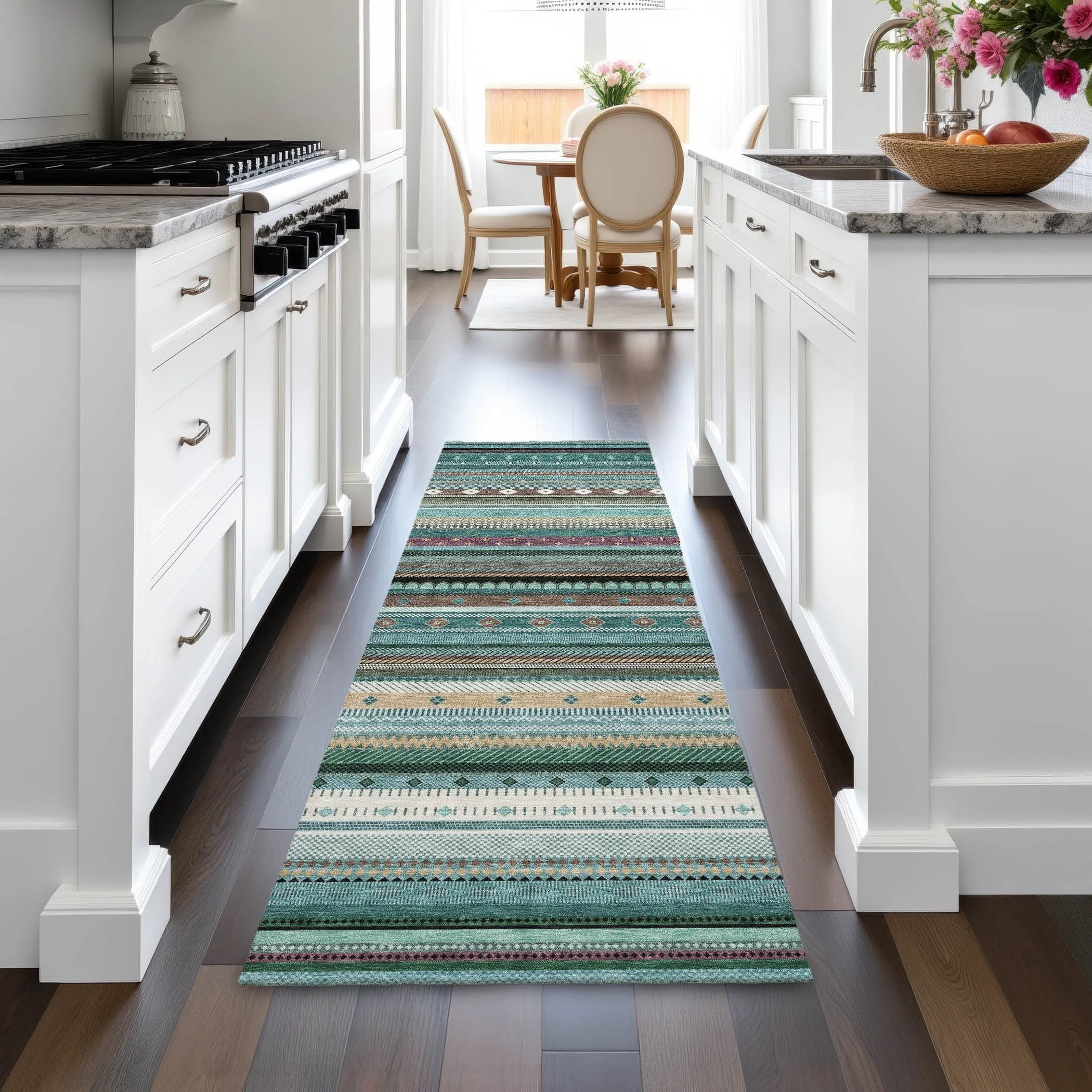 Machine Washable Indoor/Outdoor Boho Stripes Chantille Rug