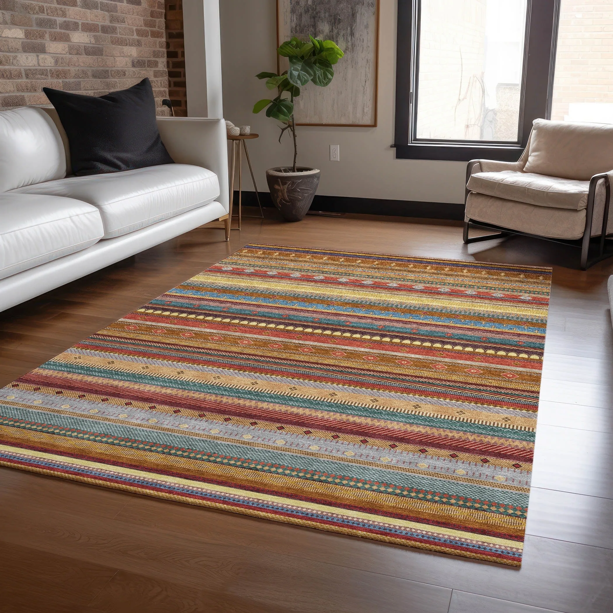 Machine Washable Indoor/Outdoor Boho Stripes Chantille Rug