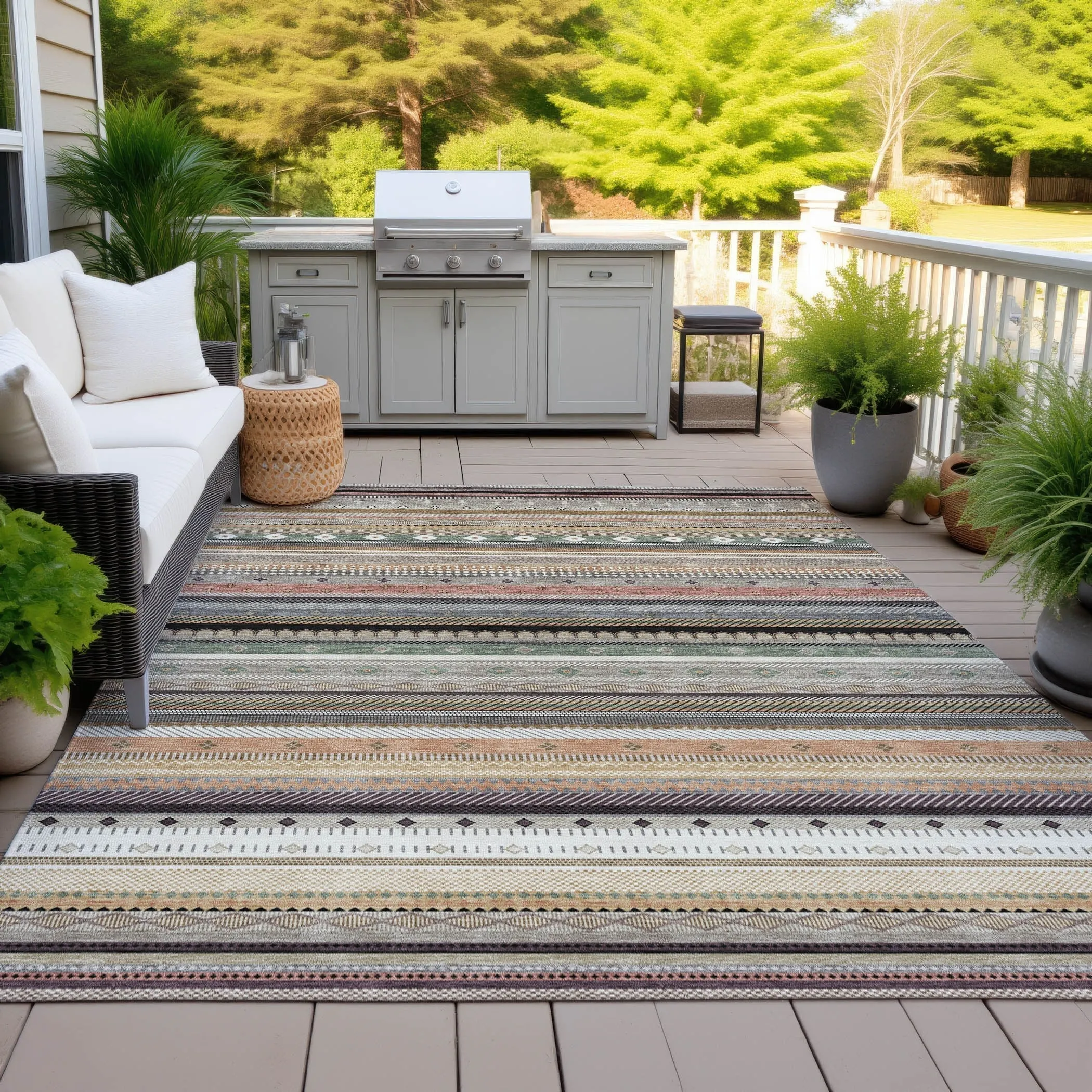 Machine Washable Indoor/Outdoor Boho Stripes Chantille Rug