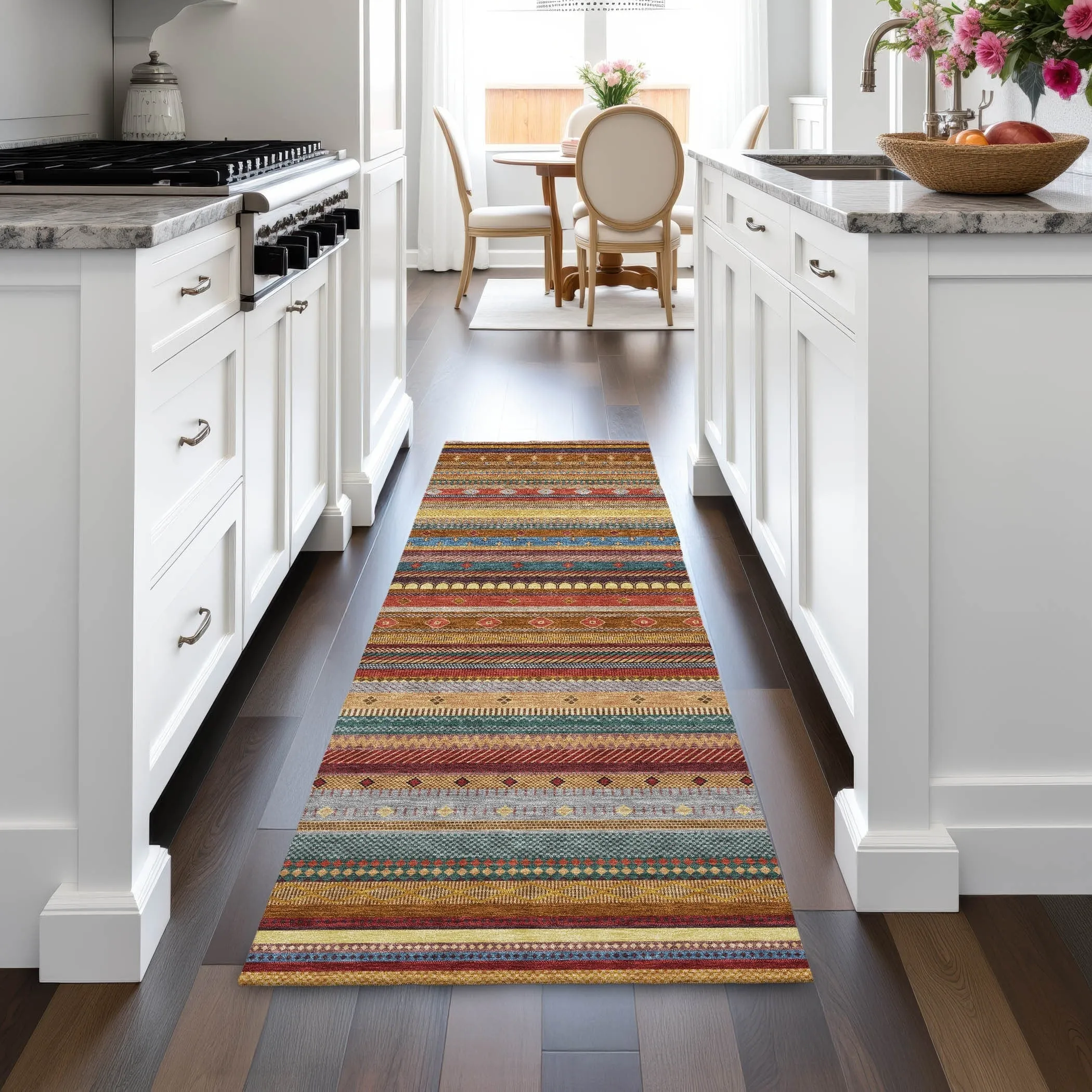 Machine Washable Indoor/Outdoor Boho Stripes Chantille Rug