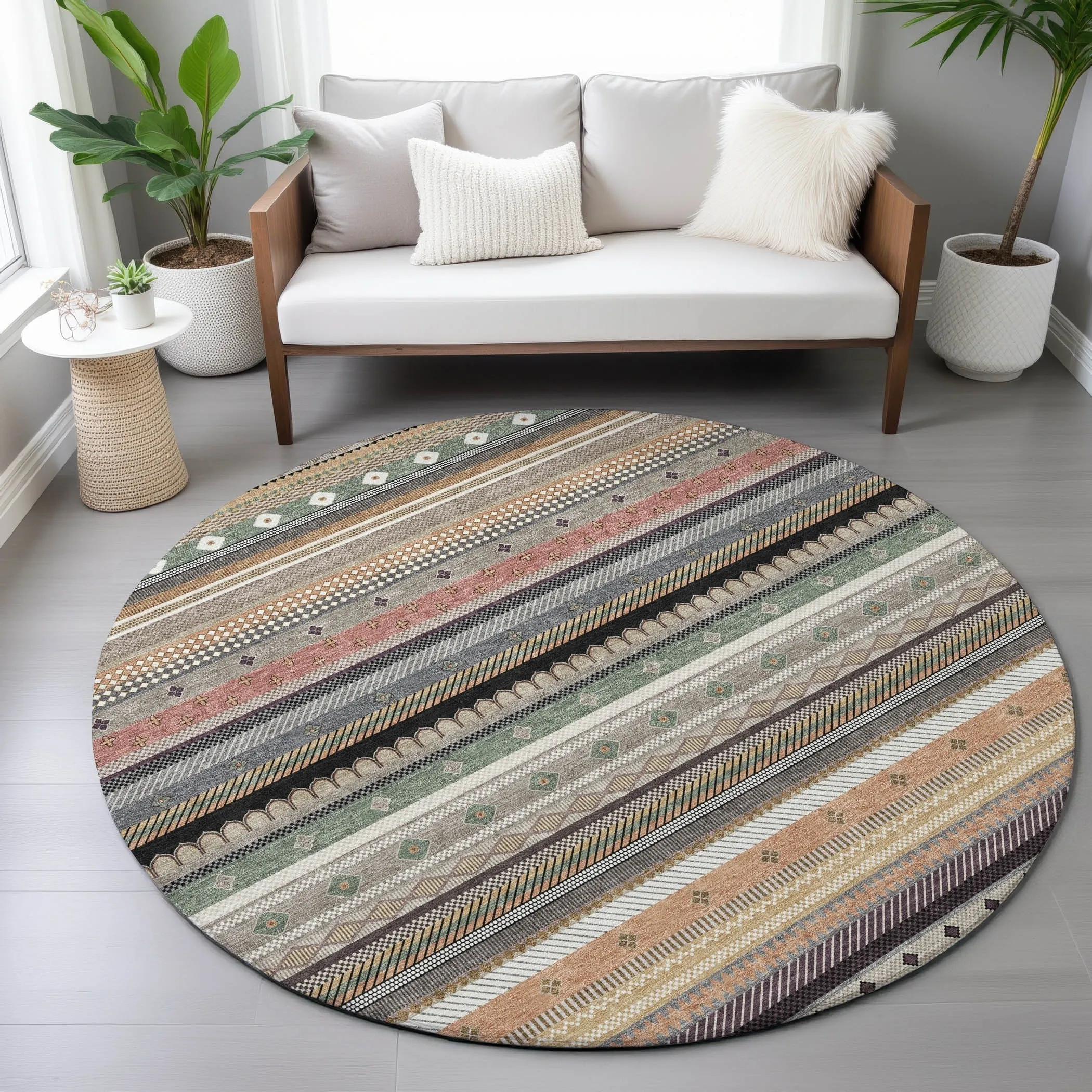 Machine Washable Indoor/Outdoor Boho Stripes Chantille Rug