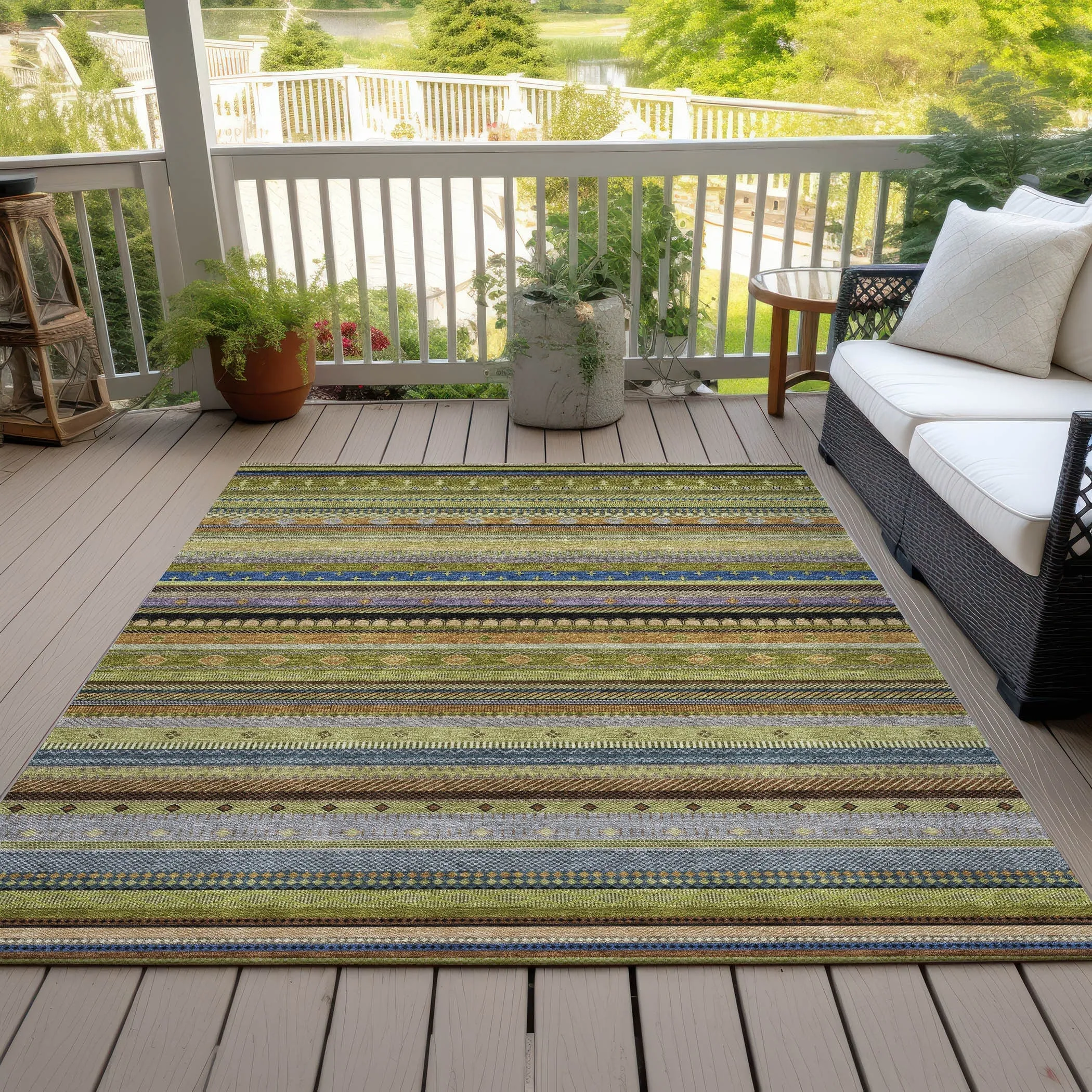 Machine Washable Indoor/Outdoor Boho Stripes Chantille Rug