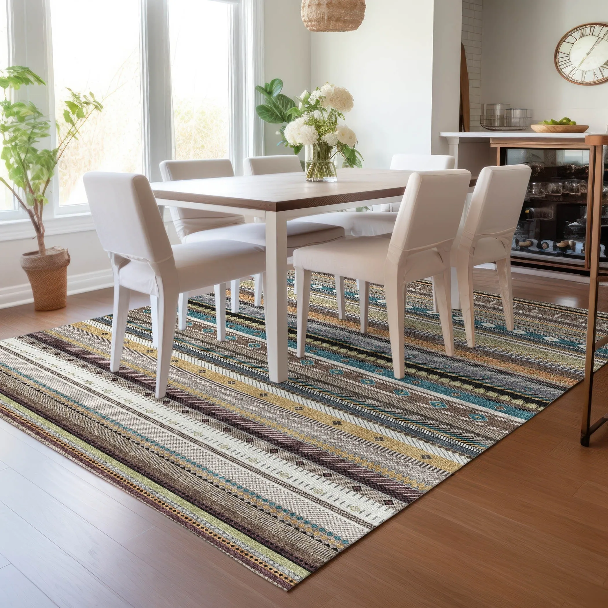 Machine Washable Indoor/Outdoor Boho Stripes Chantille Rug