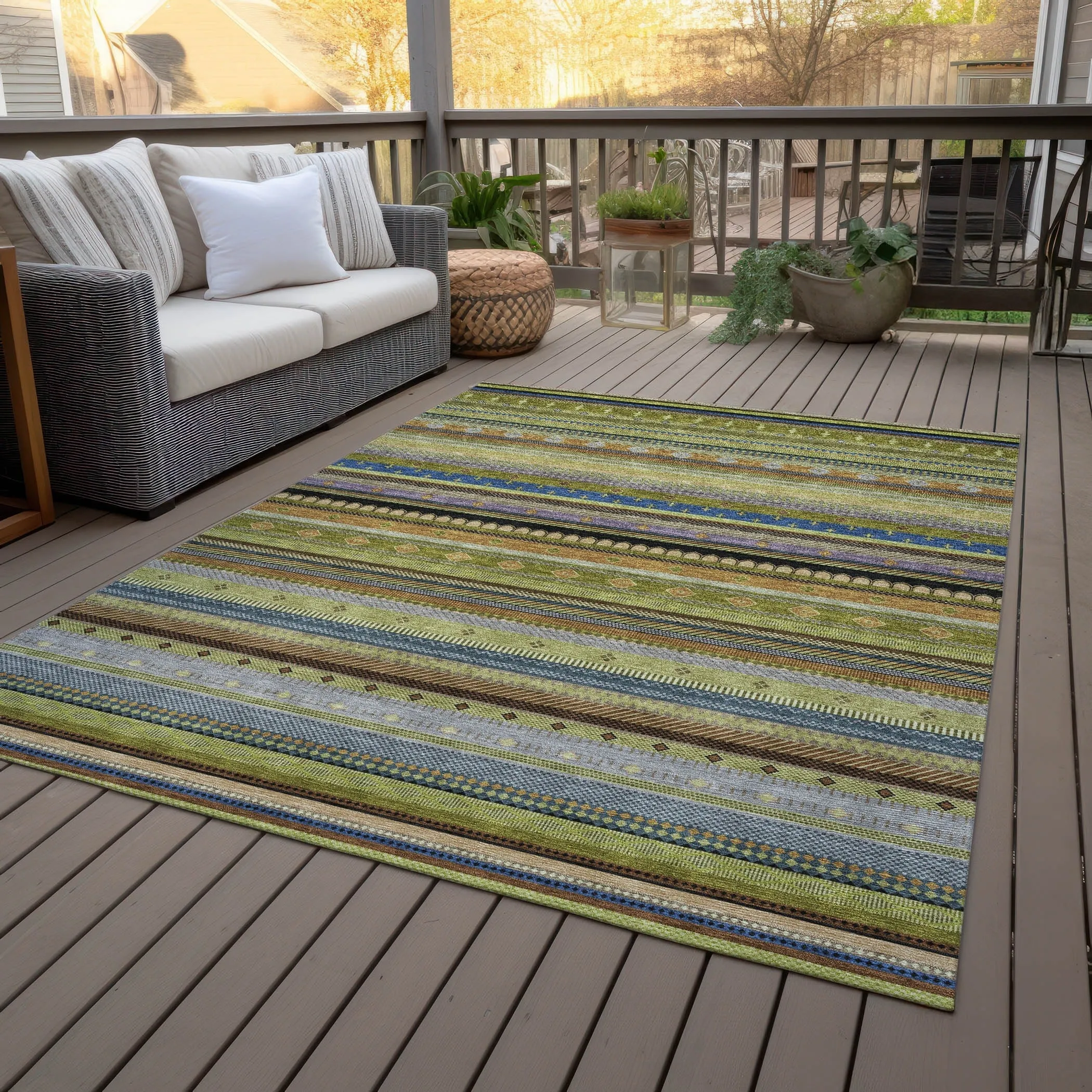 Machine Washable Indoor/Outdoor Boho Stripes Chantille Rug