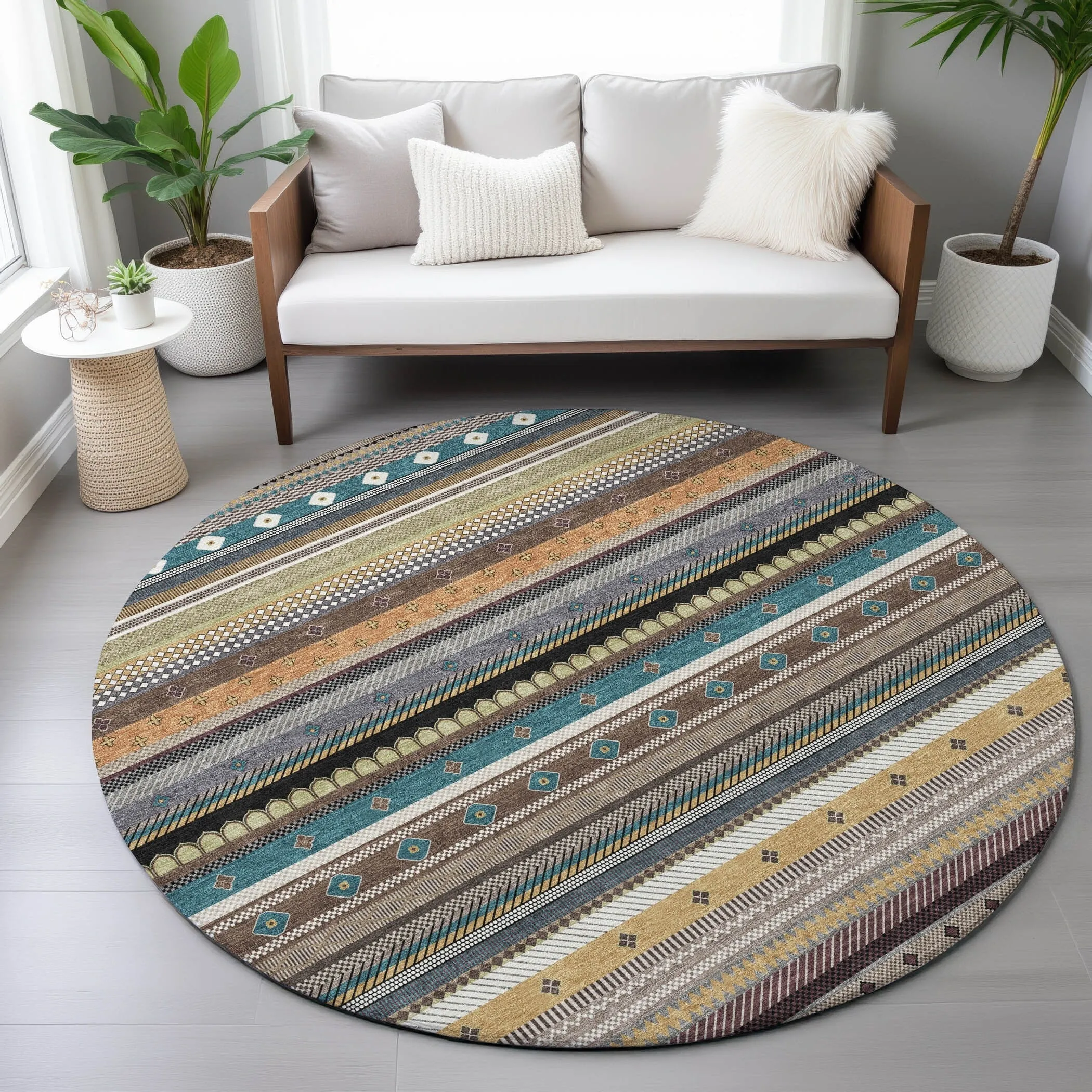 Machine Washable Indoor/Outdoor Boho Stripes Chantille Rug