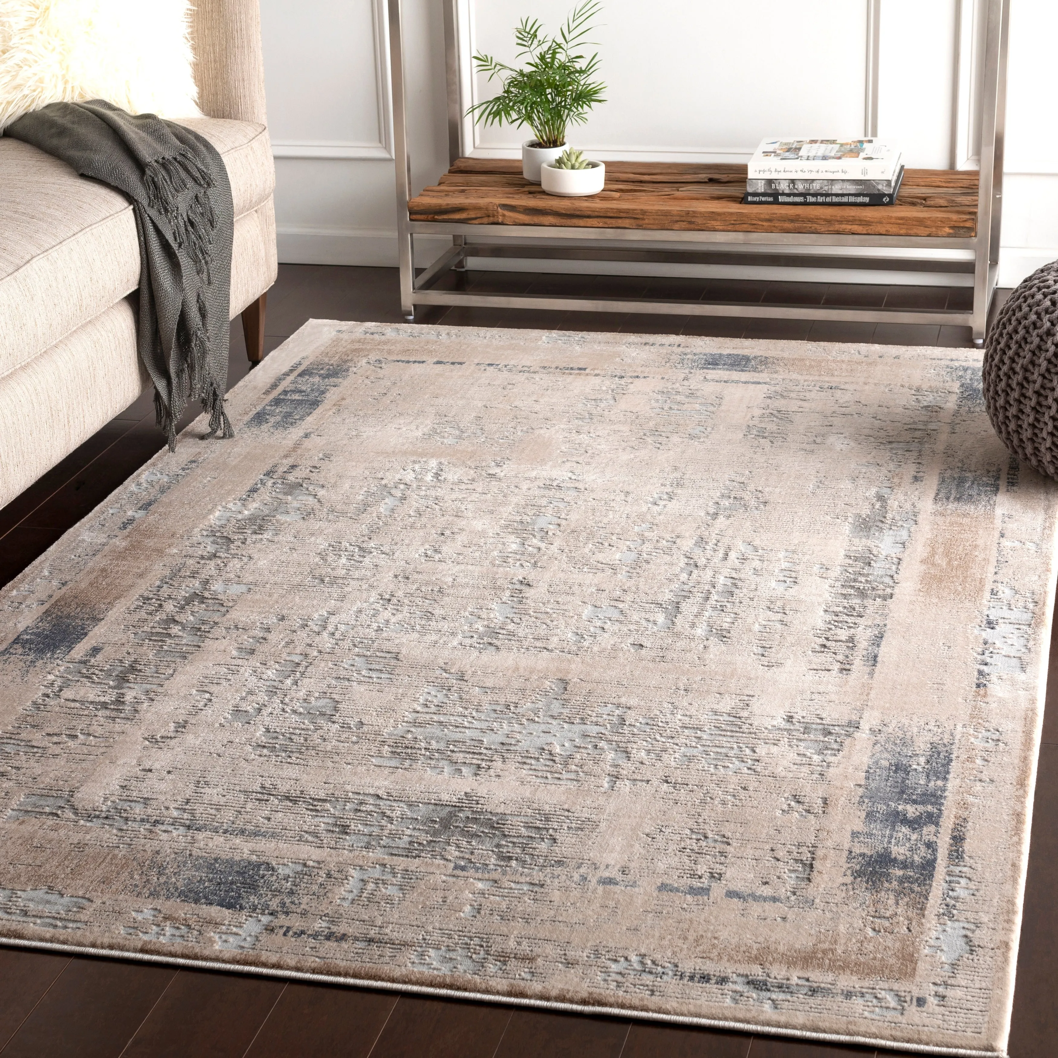 Marjan Ivory Distressed Border Area Rug - 8'10 x 12'4