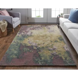 Nakita Modern Watercolor Rug. Eggplant/Green/Gold. Area Rug