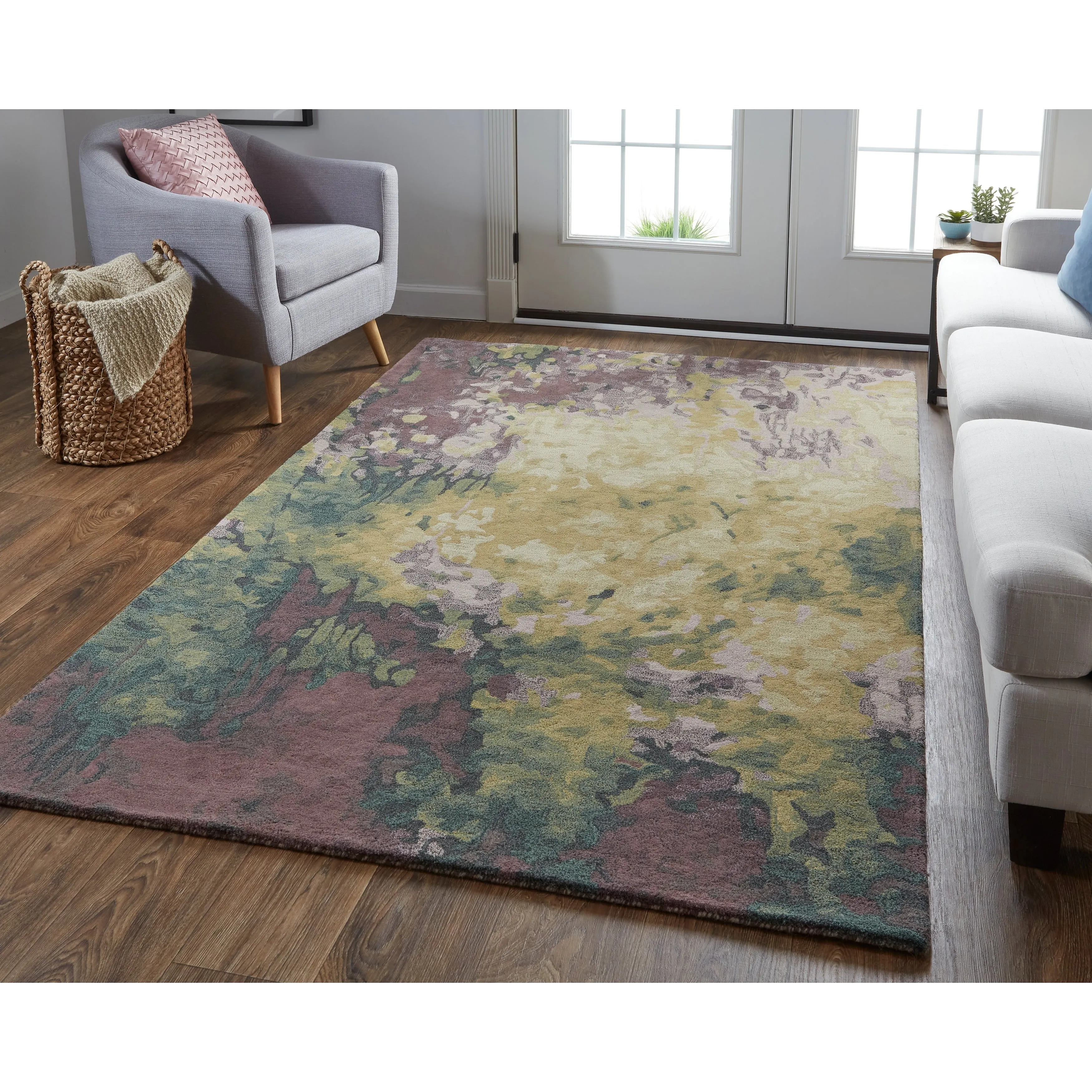Nakita Modern Watercolor Rug. Eggplant/Green/Gold. Area Rug