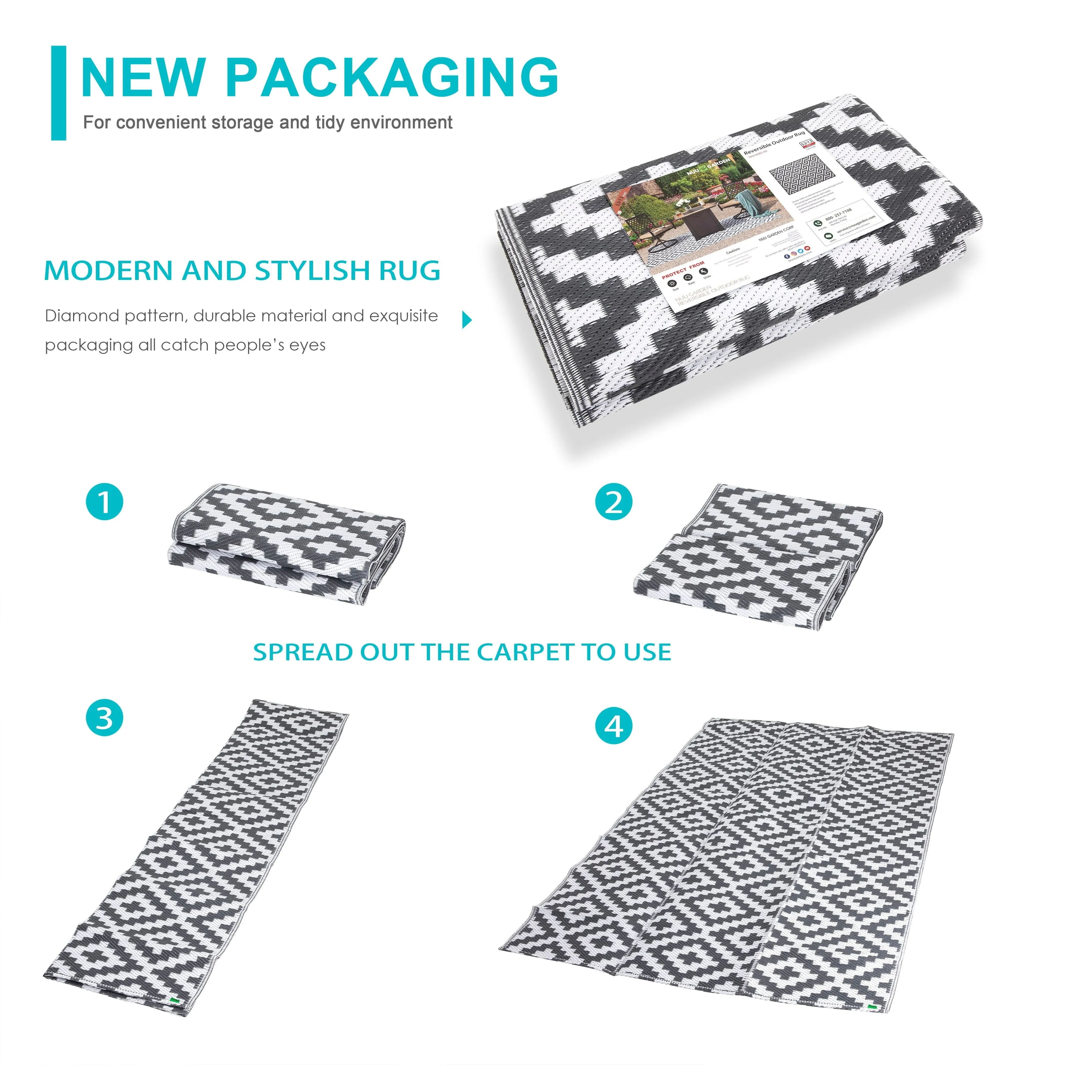Nuu Garden Outdoor Reversible Rug. Rectangular Foldable Mat. Camping. RV. Gray & White Color