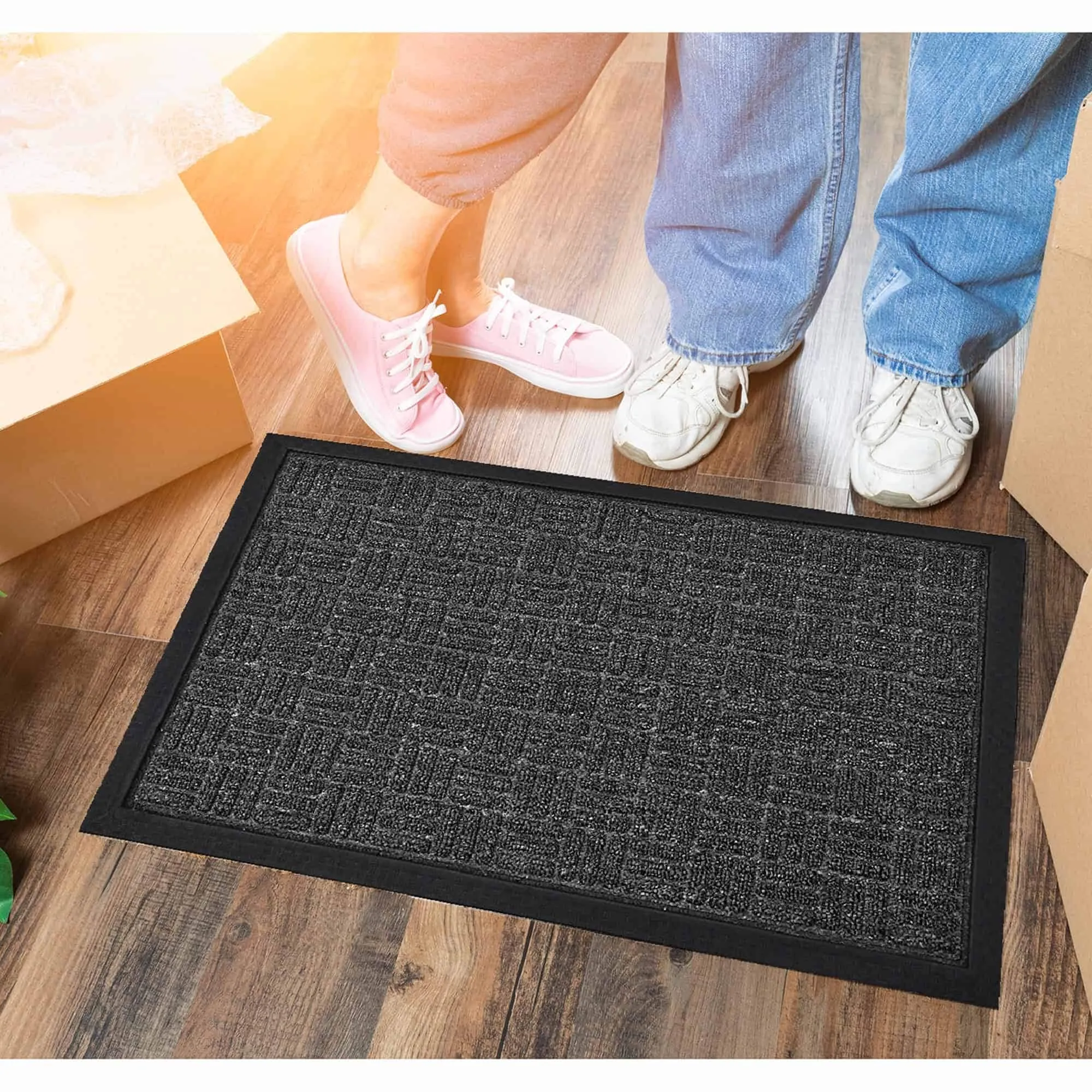 Outdoor Front Door Mat Checkerboard Yvan Polypropylene Rubber Rug Grey