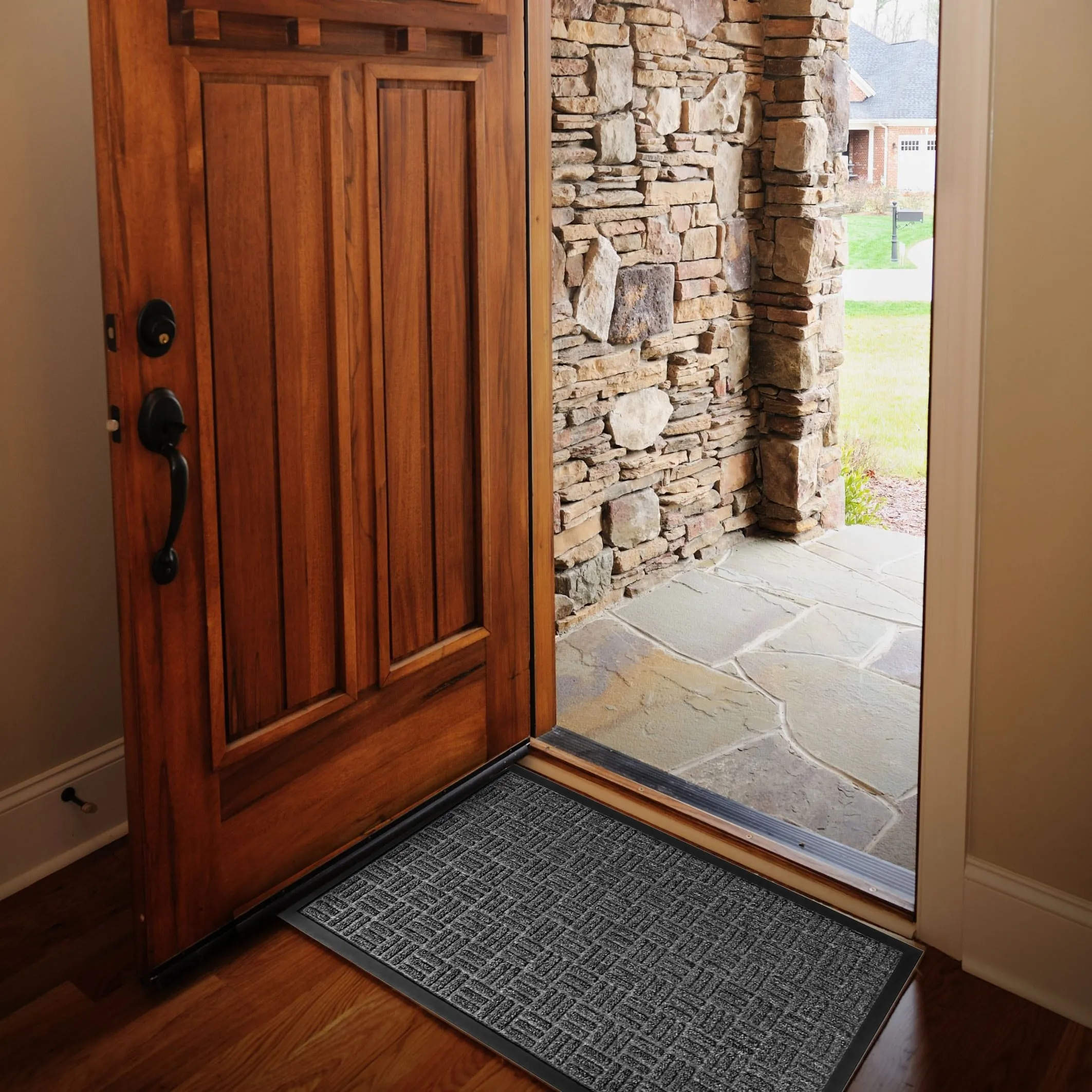 Outdoor Front Door Mat Checkerboard Yvan Polypropylene Rubber Rug Grey