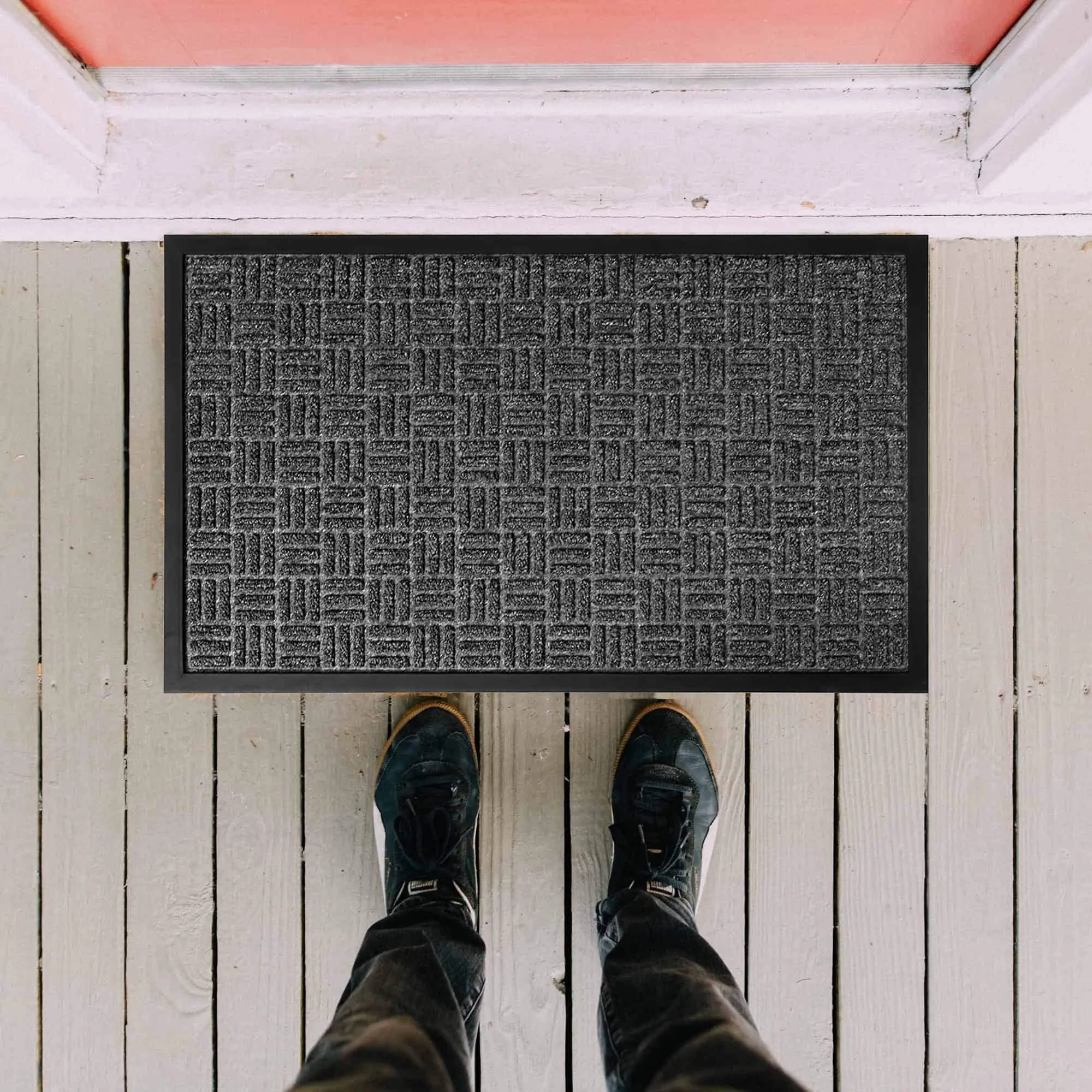 Outdoor Front Door Mat Checkerboard Yvan Polypropylene Rubber Rug Grey