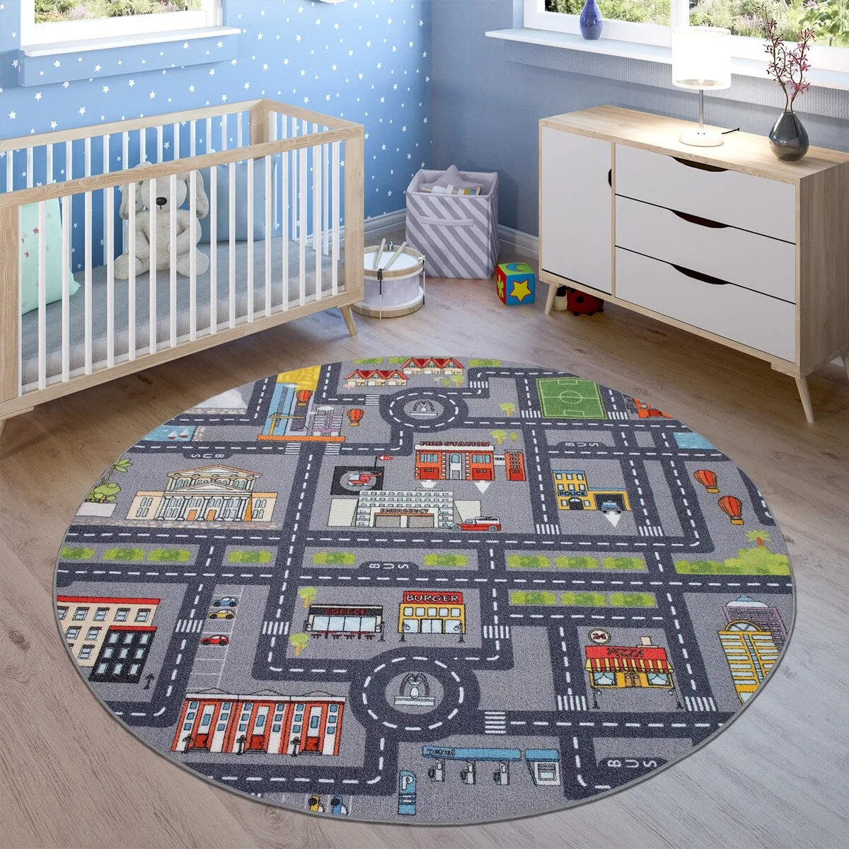 Play Rug for Nursery Cars Roads City Motife for Child's Room in Grey