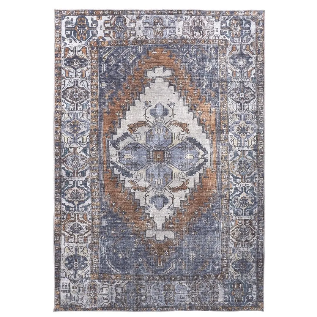 Prescott Vintage Medallion Area Rug. Navy/Mocha/Light Gray