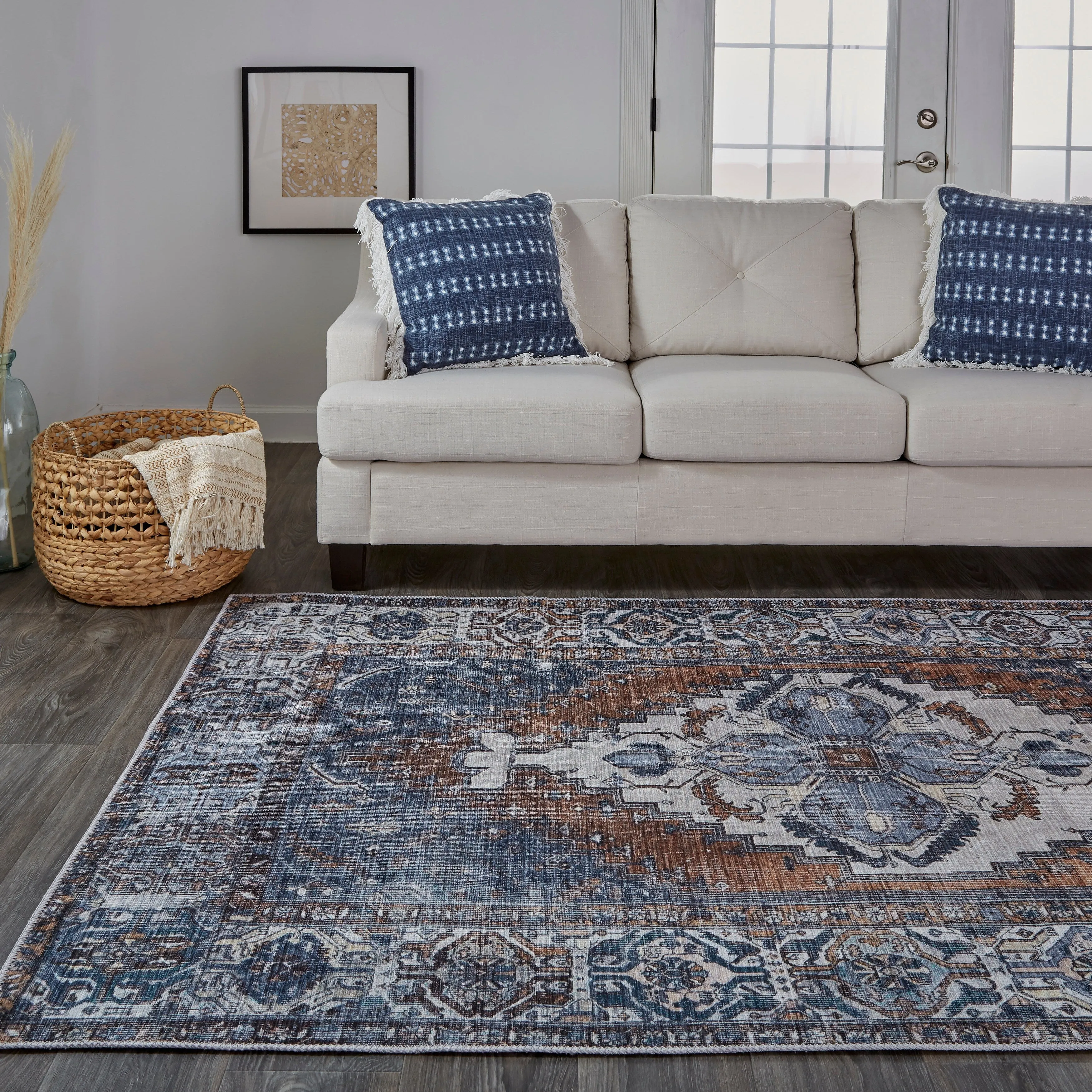 Prescott Vintage Medallion Area Rug. Navy/Mocha/Light Gray