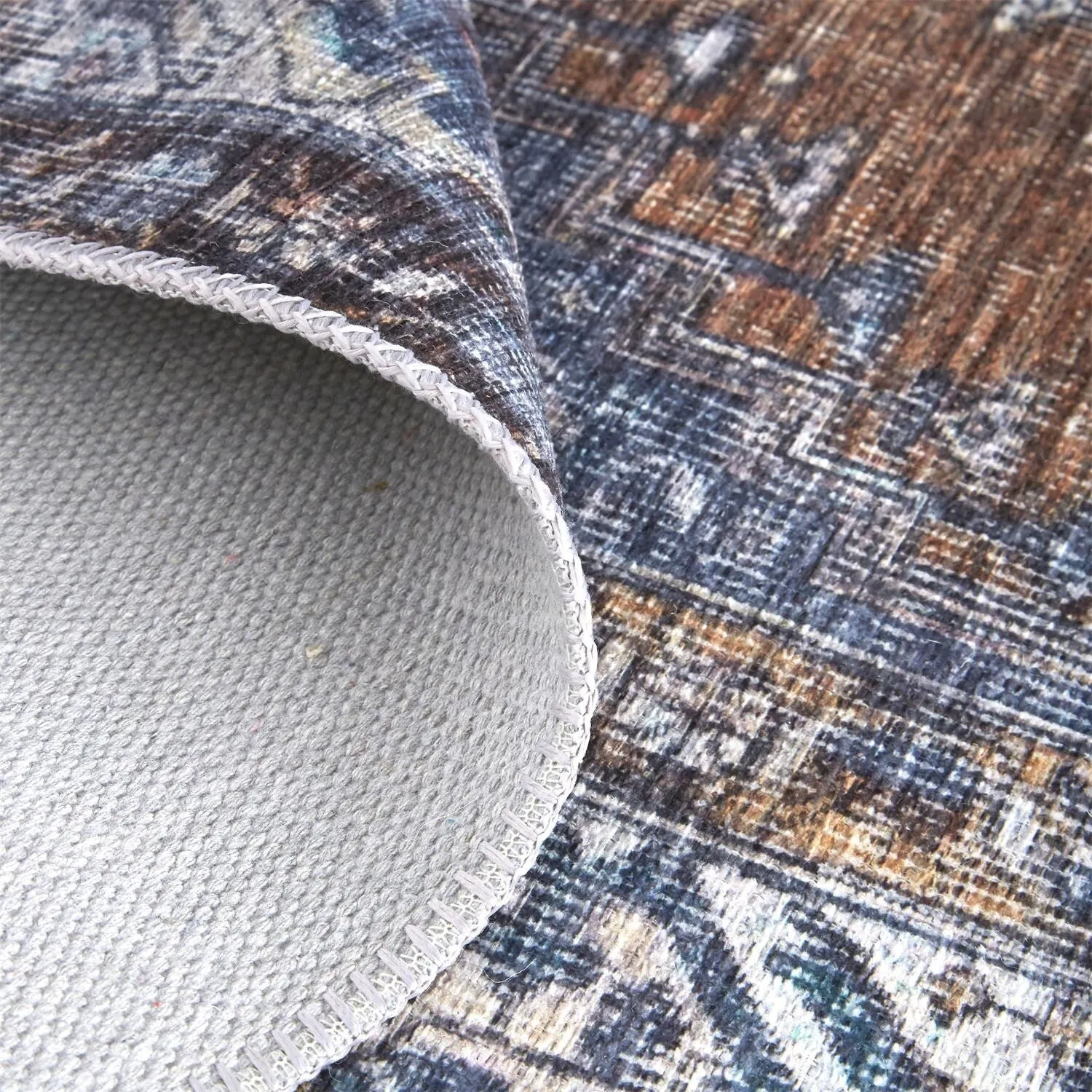 Prescott Vintage Medallion Area Rug. Navy/Mocha/Light Gray