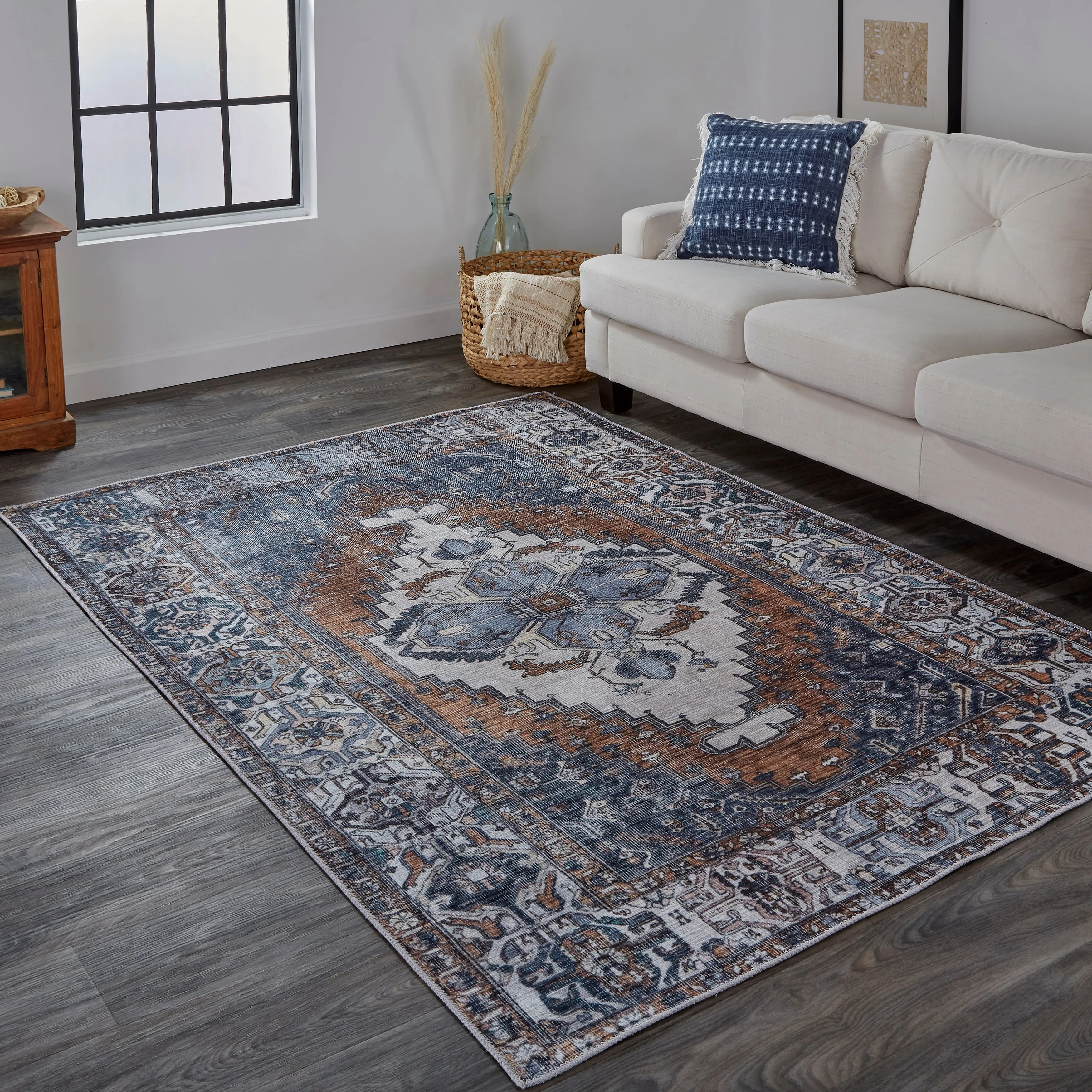 Prescott Vintage Medallion Area Rug. Navy/Mocha/Light Gray