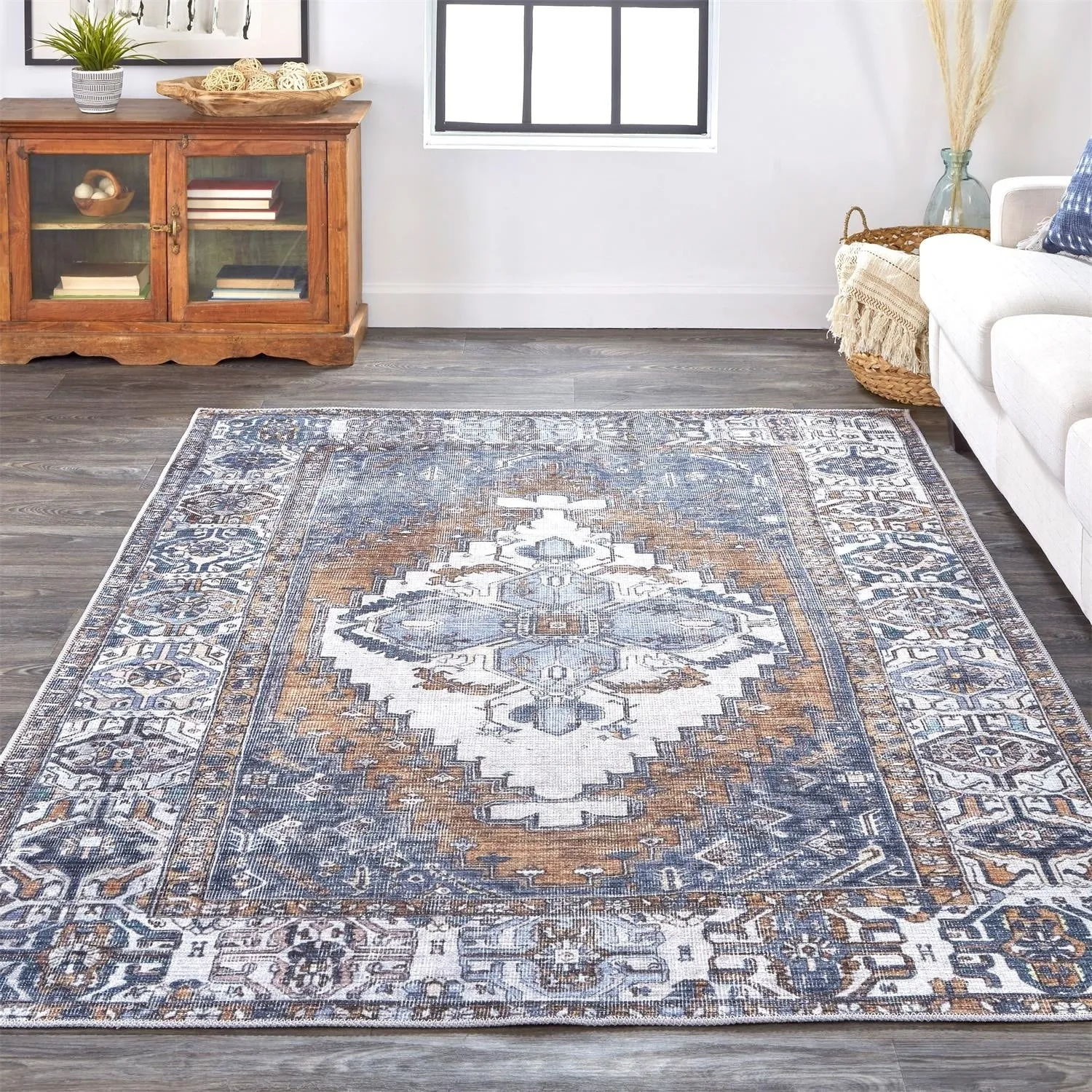 Prescott Vintage Medallion Area Rug. Navy/Mocha/Light Gray