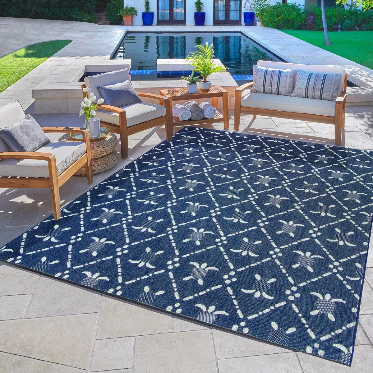 Reyn Spooner Kona Coast Royal Honu Navy Blue Sea Turtle Flatweave Indoor/ Outdoor Area Rug