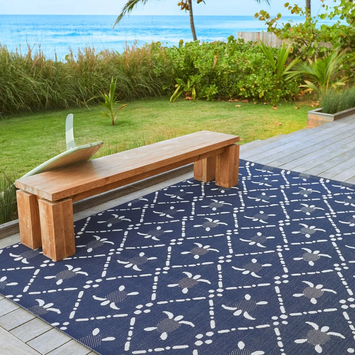 Reyn Spooner Kona Coast Royal Honu Navy Blue Sea Turtle Flatweave Indoor/ Outdoor Area Rug