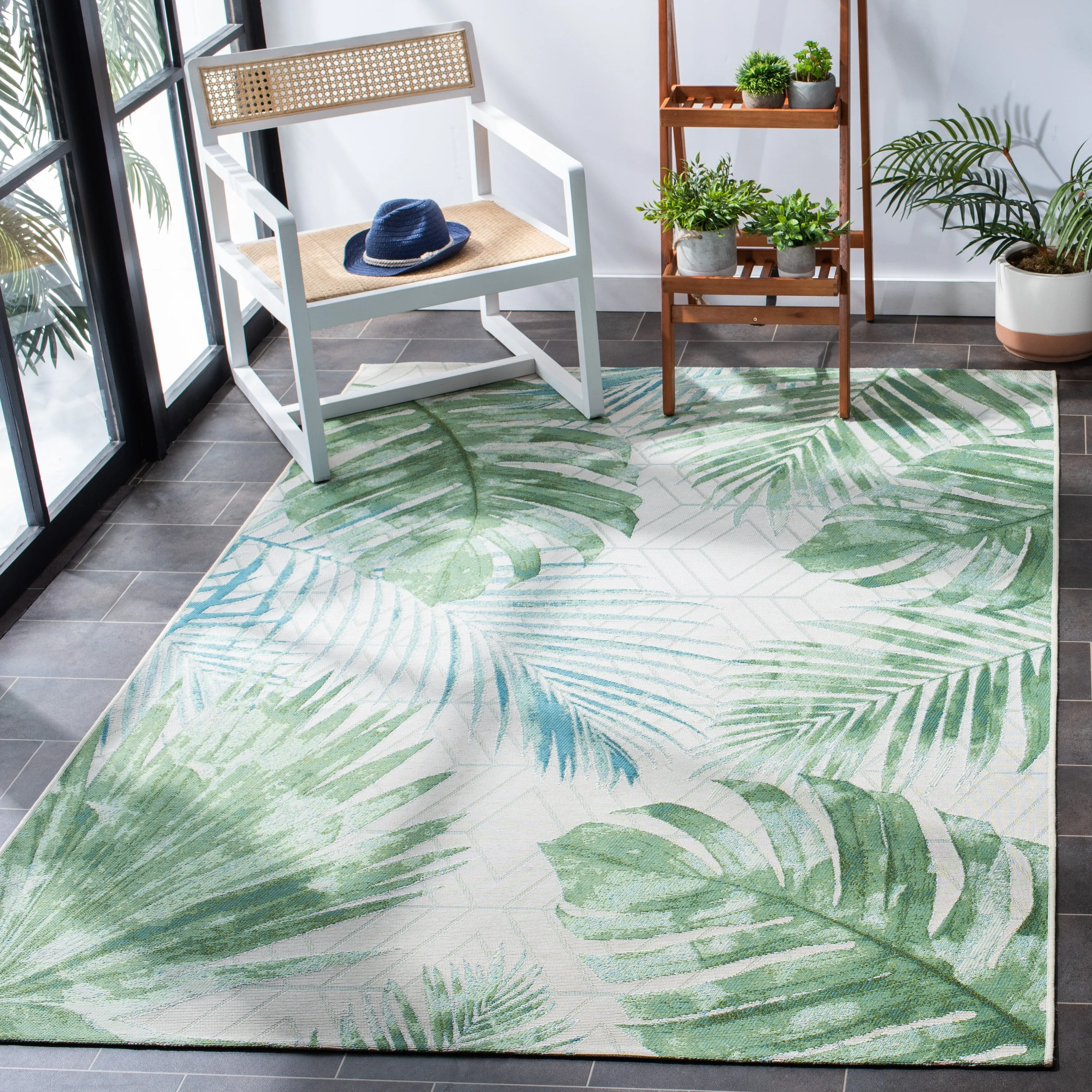SAFAVIEH Barbados Nairne Tropical Indoor/ Outdoor Waterproof Patio Backyard Rug - Green/Teal - 8' x 10'5
