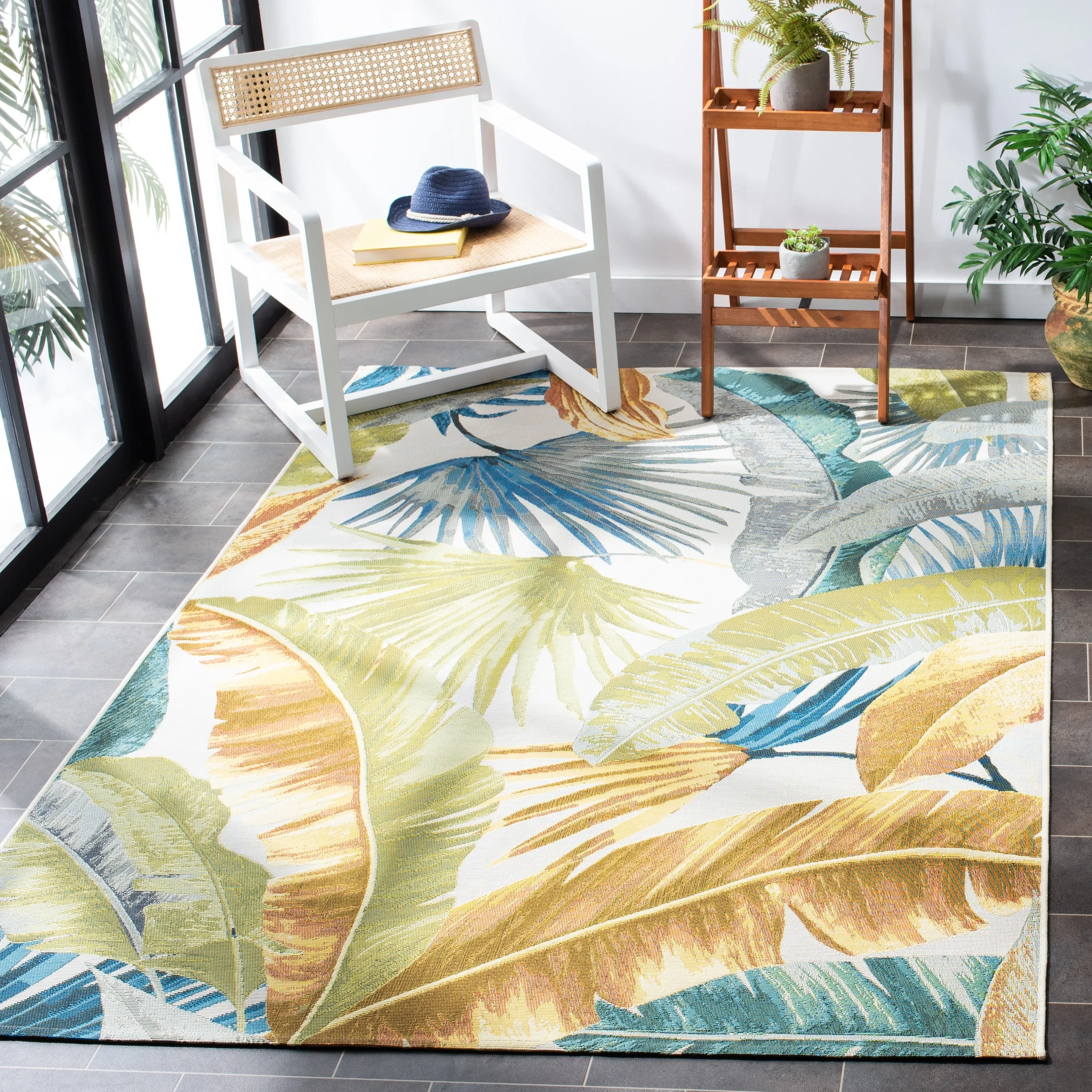 SAFAVIEH Barbados Souzan Tropical Indoor/ Outdoor Waterproof Patio Backyard Rug - Gold/Green - 5'3 x 7'6