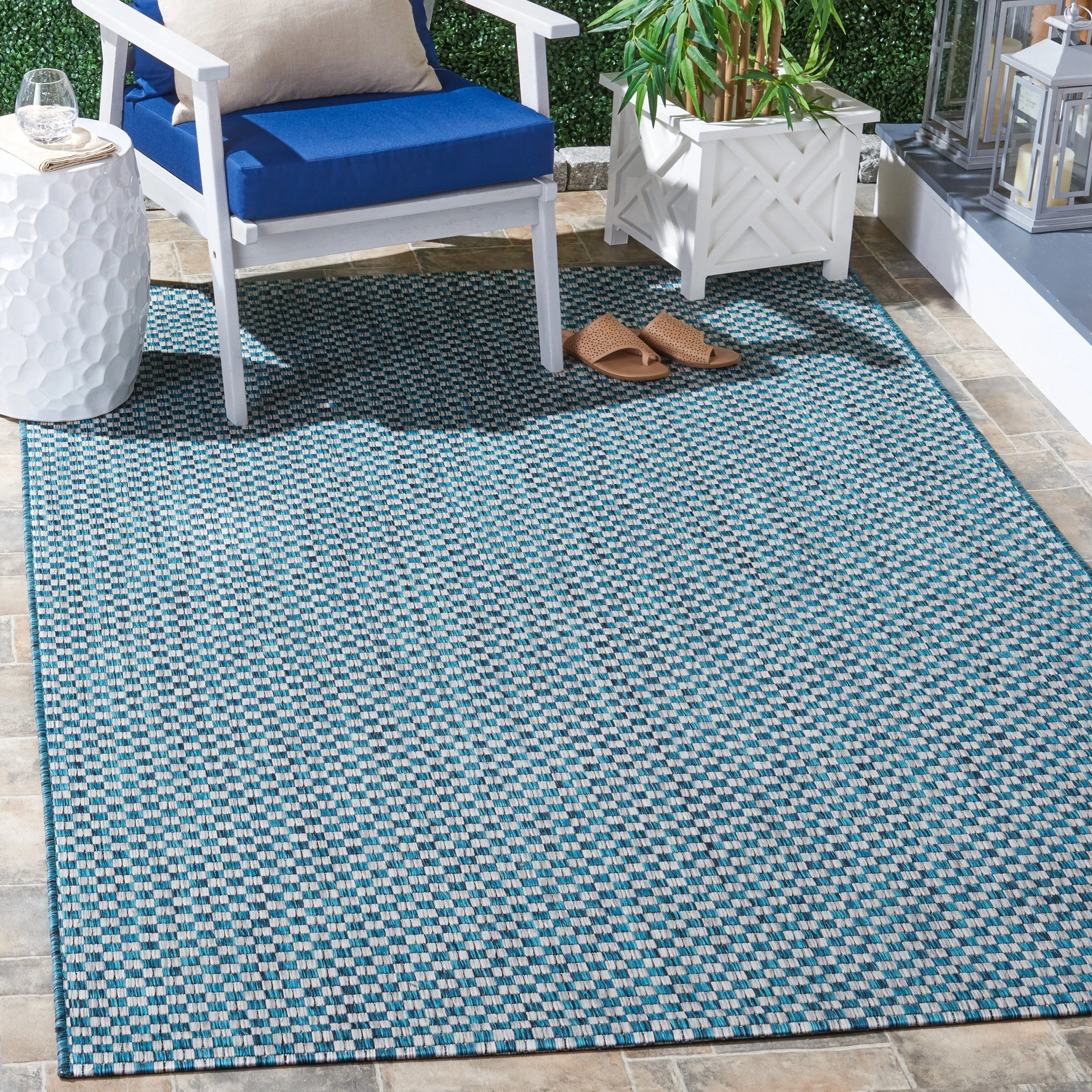 SAFAVIEH Courtyard Judi Indoor/ Outdoor Patio Backyard Rug - Turquoise/Light Grey - 6'7 x 9'6