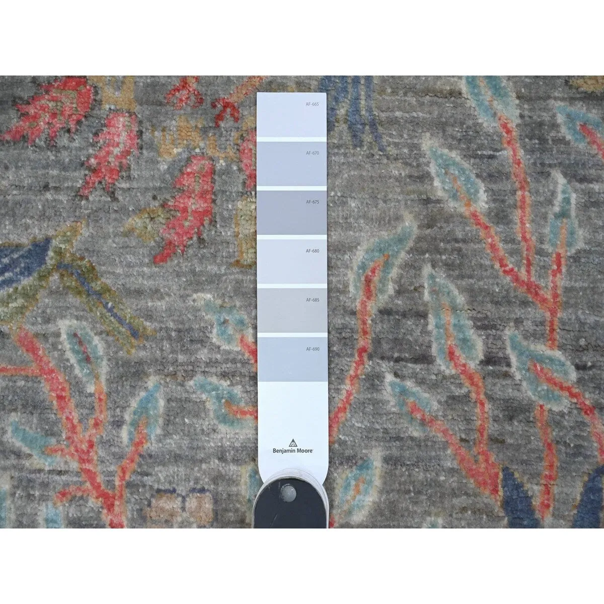 Shahbanu Rugs Shadow Gray Afghan Peshawar 100% Wool Abrash Hand Knotted Birds of Paradise Design Runner Oriental Rug (2'5x6')