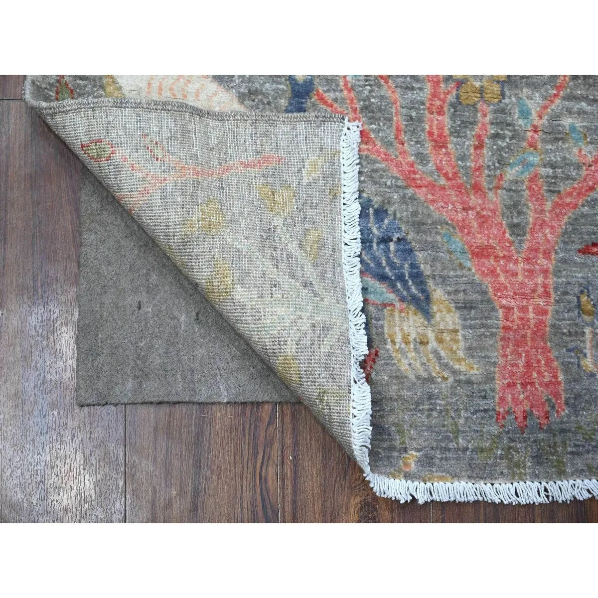 Shahbanu Rugs Shadow Gray Afghan Peshawar 100% Wool Abrash Hand Knotted Birds of Paradise Design Runner Oriental Rug (2'5x6')
