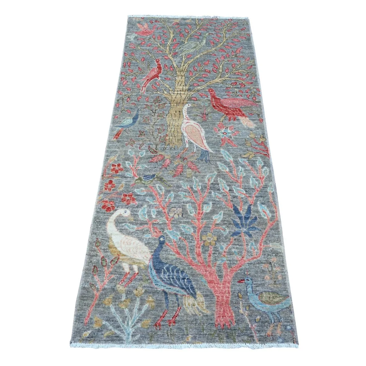 Shahbanu Rugs Shadow Gray Afghan Peshawar 100% Wool Abrash Hand Knotted Birds of Paradise Design Runner Oriental Rug (2'5x6')