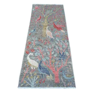 Shahbanu Rugs Shadow Gray Afghan Peshawar 100% Wool Abrash Hand Knotted Birds of Paradise Design Runner Oriental Rug (2'5x6')