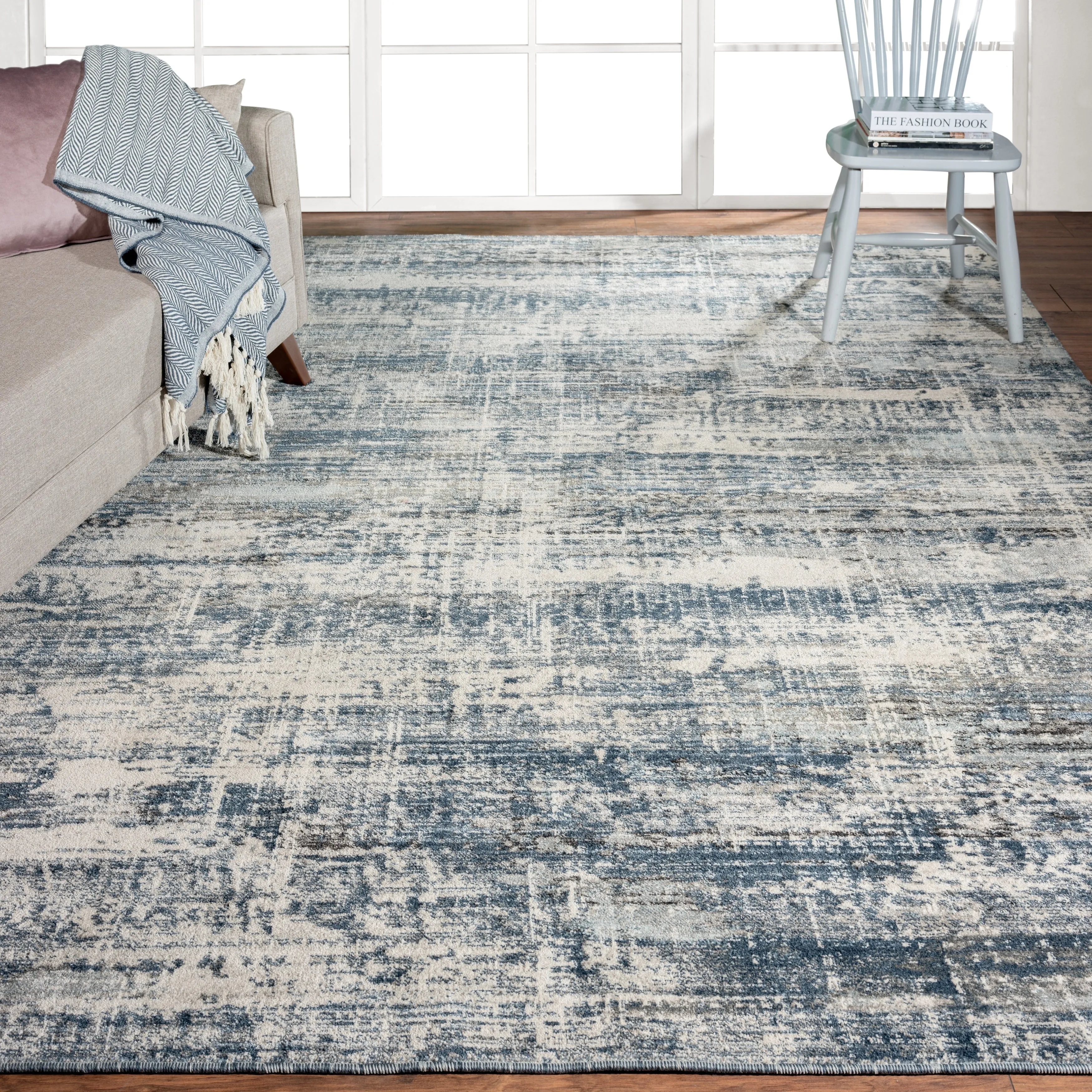 Theory Distressed Denim Blues / Greys Abstract Area Rug