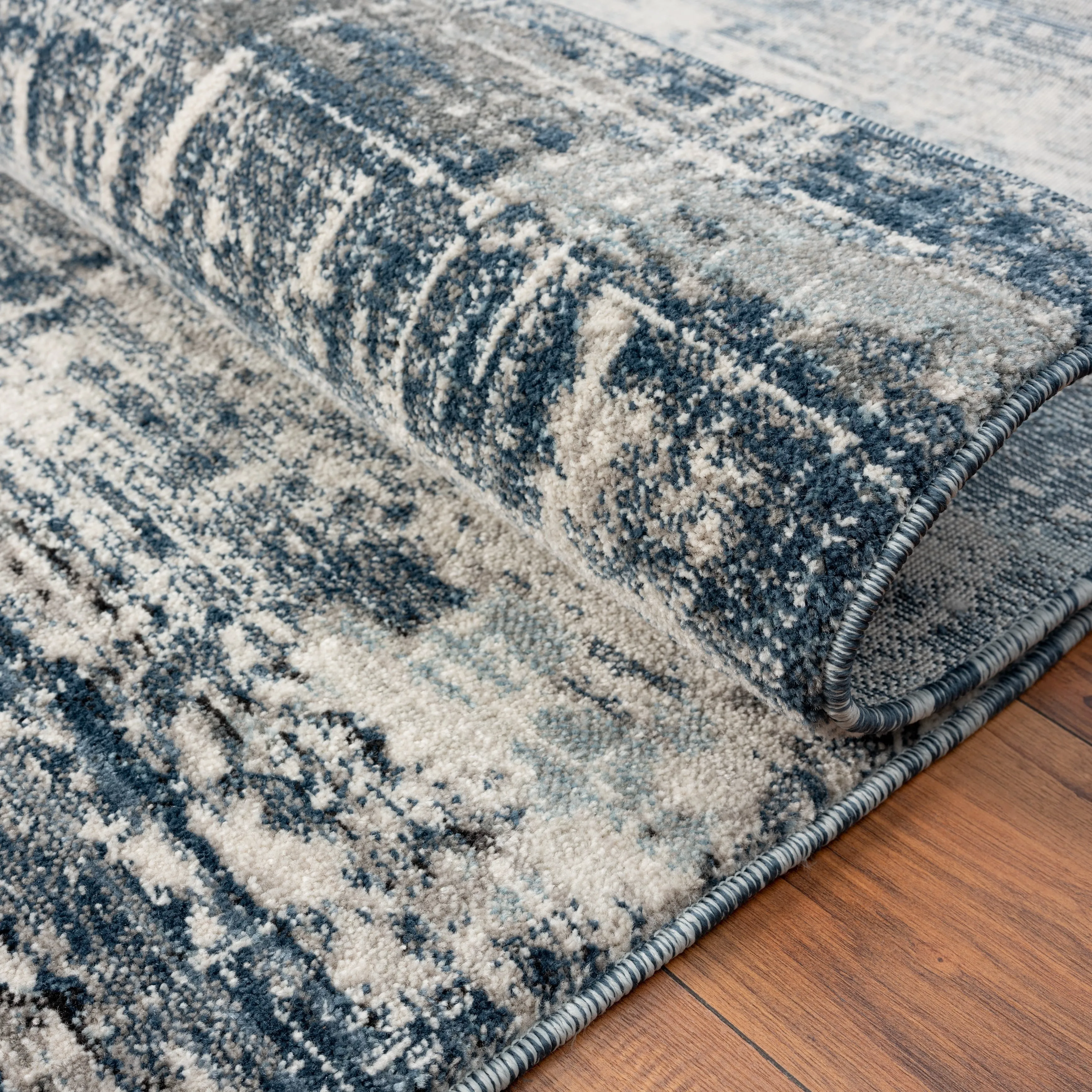 Theory Distressed Denim Blues / Greys Abstract Area Rug