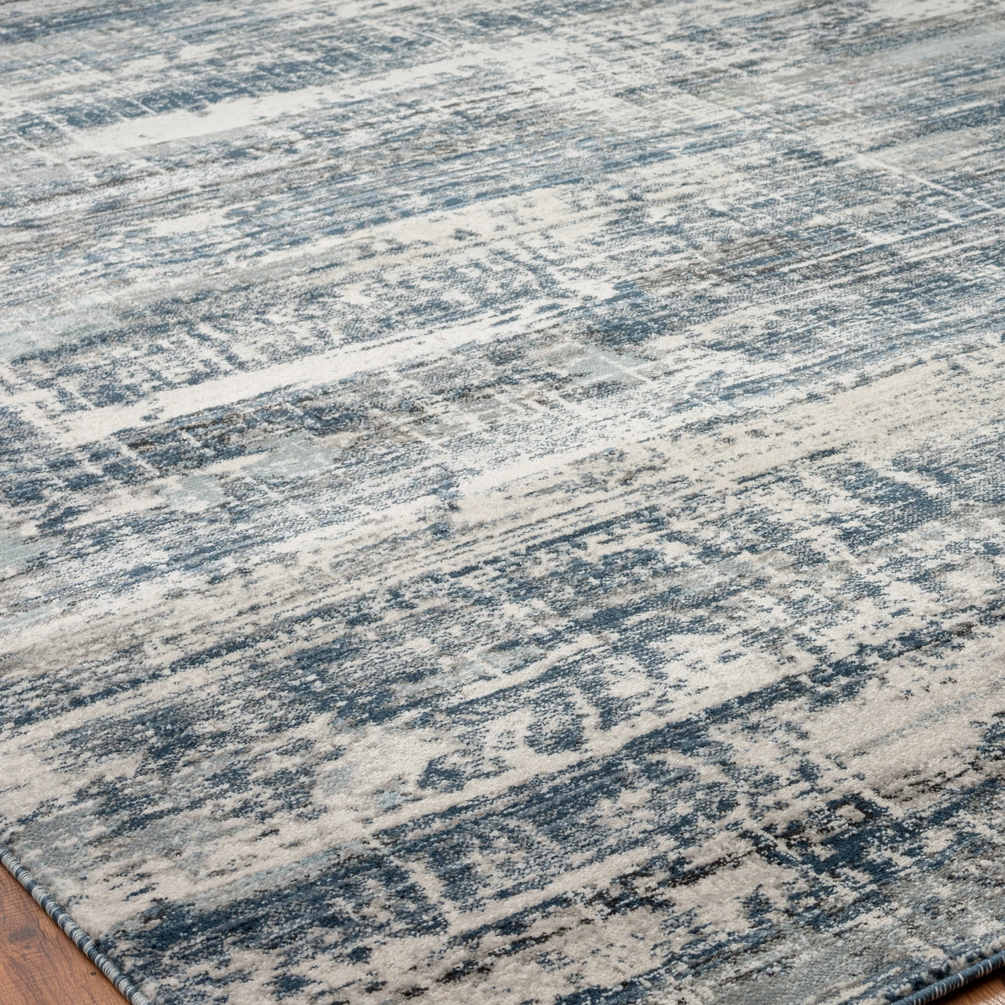 Theory Distressed Denim Blues / Greys Abstract Area Rug