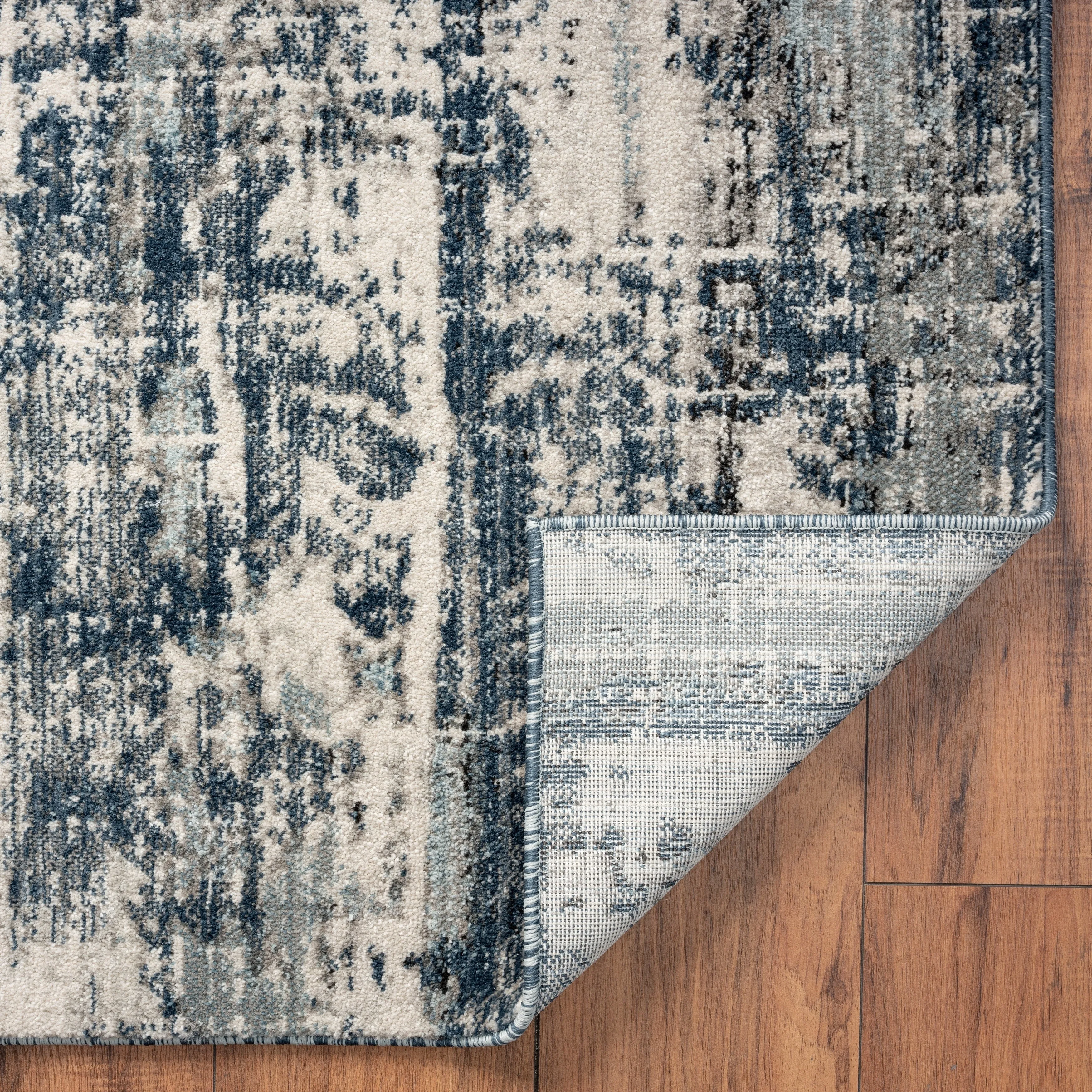 Theory Distressed Denim Blues / Greys Abstract Area Rug