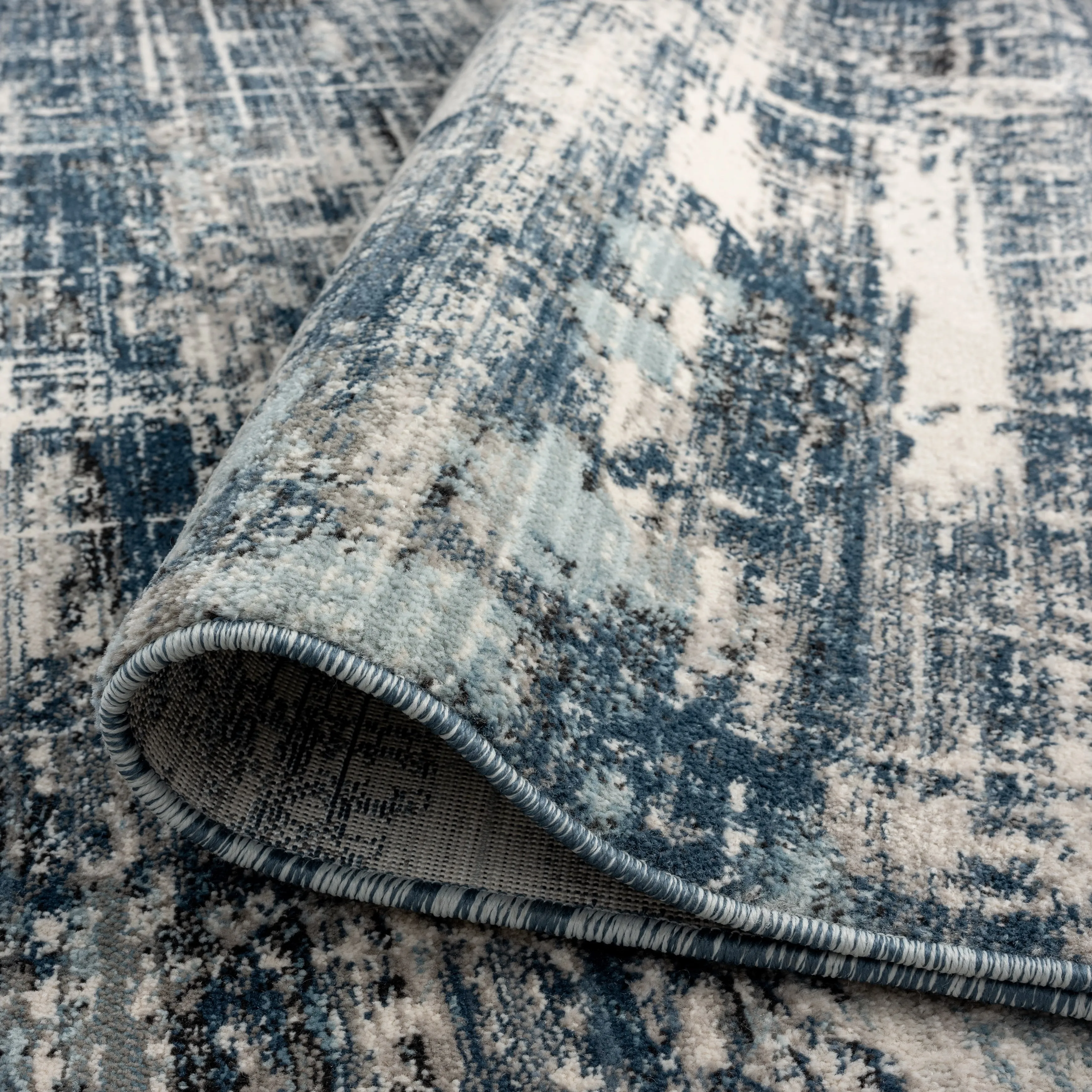 Theory Distressed Denim Blues / Greys Abstract Area Rug