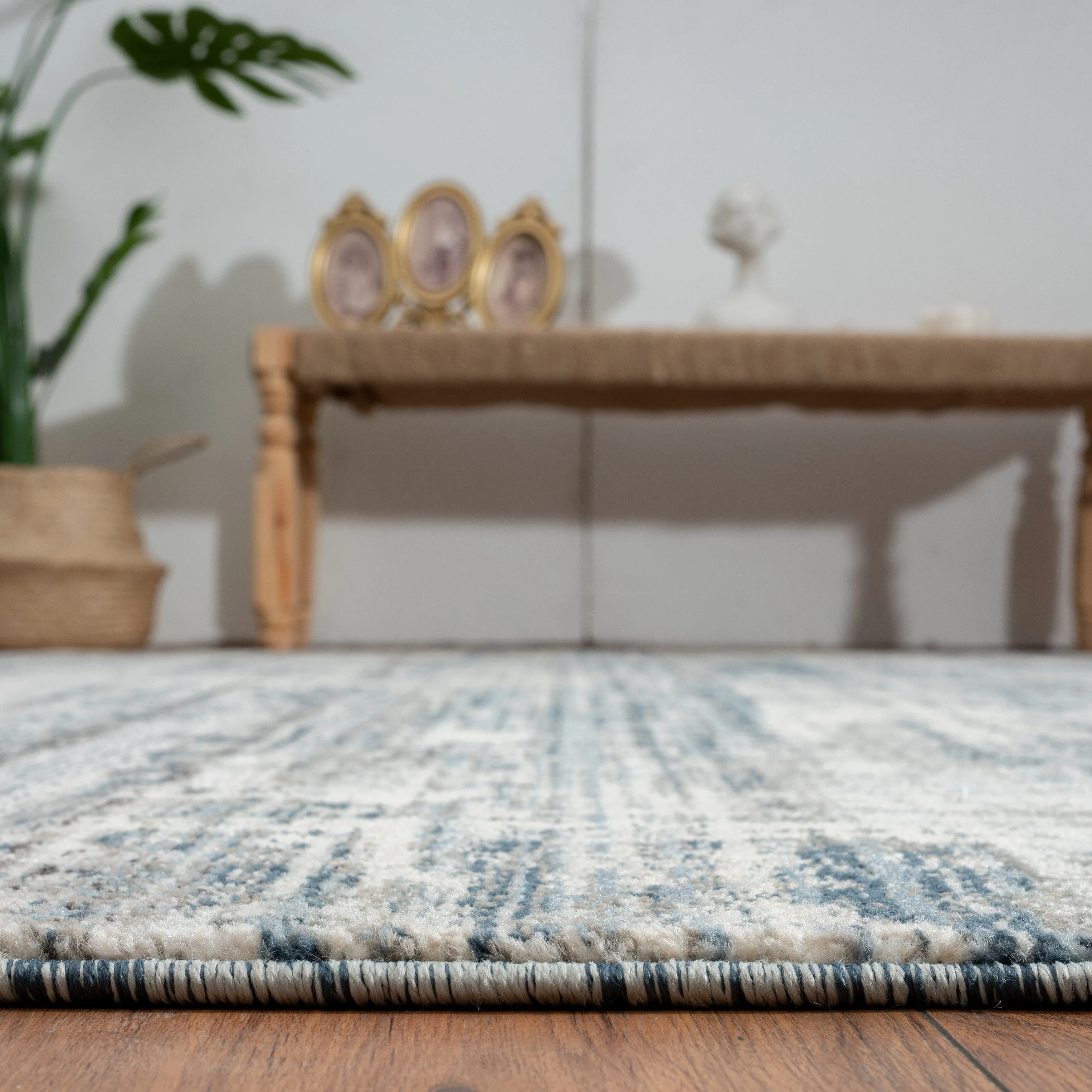 Theory Distressed Denim Blues / Greys Abstract Area Rug