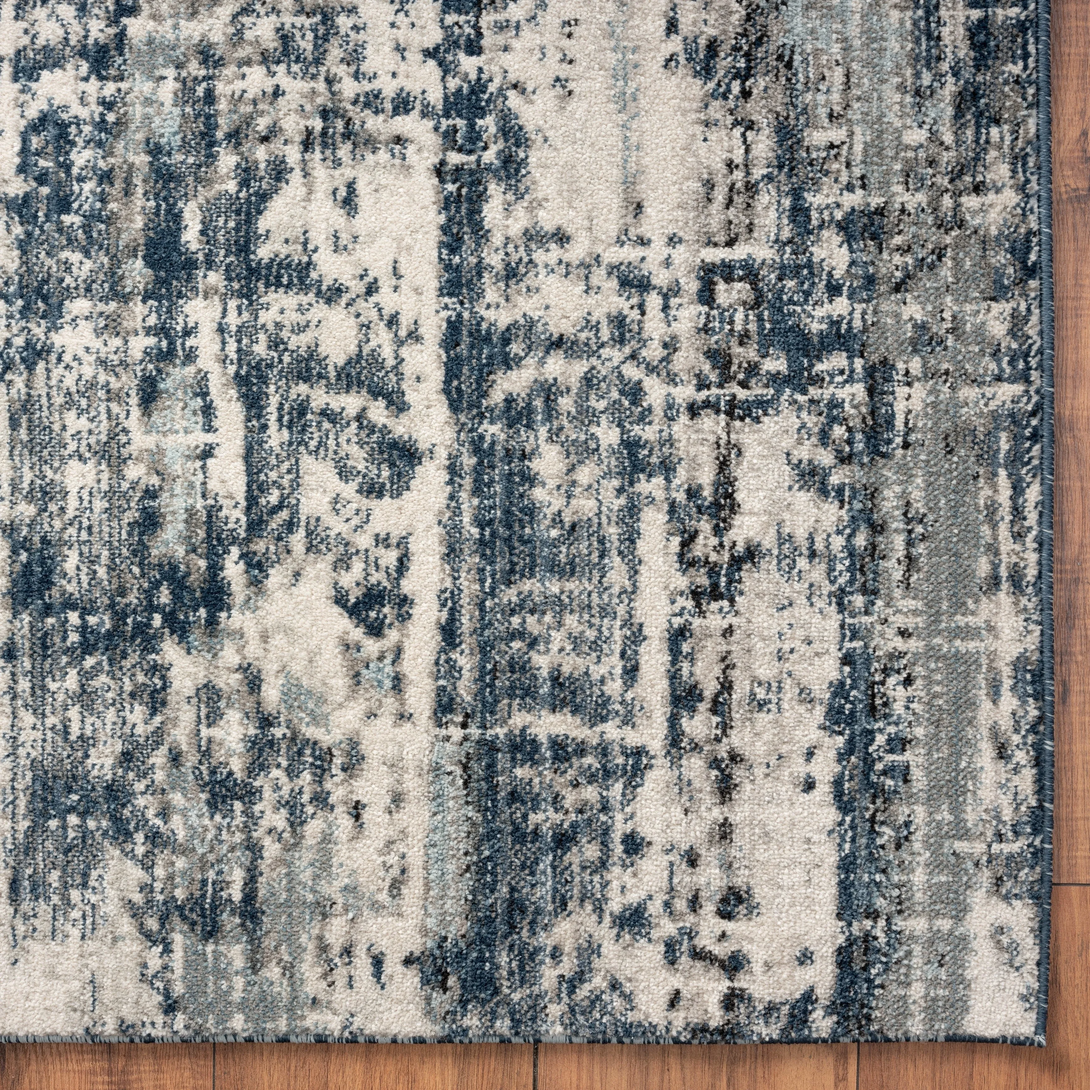 Theory Distressed Denim Blues / Greys Abstract Area Rug